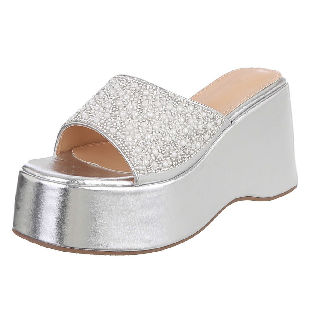 Ital-Design Damen Plateau-Slipper mit Keilsohle und offenem Design Plateausandaletten (91895889) Keilabsatz/Wedge Keilsandaletten in Silber