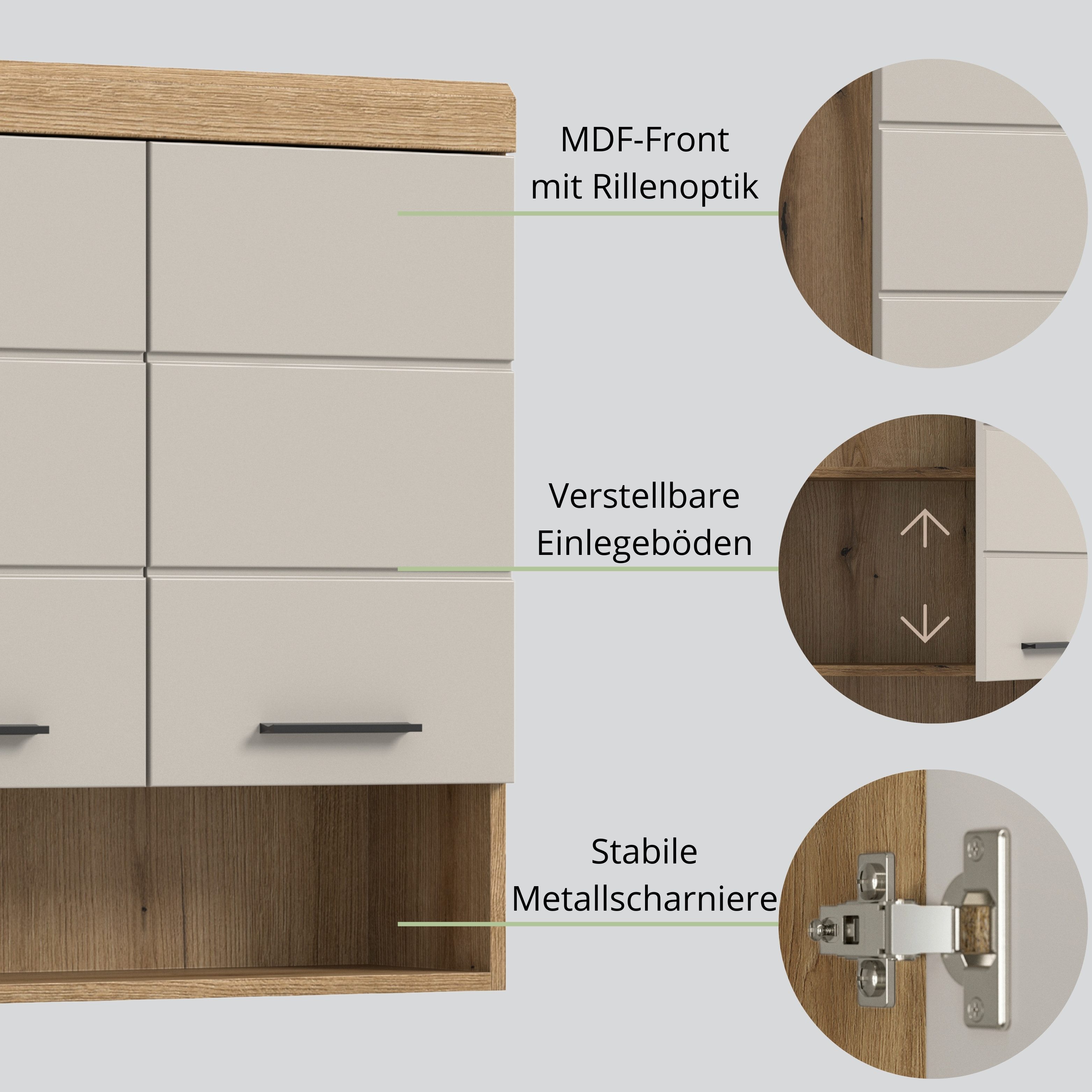 furnling Hängeschrank Scott 2 Türen, 1 offenes Fach, Stauraum, Badmöbel, Badschrank, 74 cm breit – Bild 4 von 5