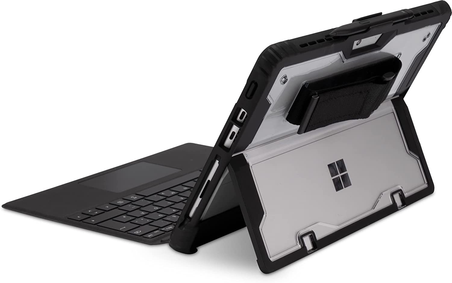 honju Handstrap Case kompatibel mit Microsoft Surface Pro 8 Hülle transparent schwarz Microsoft Type Cover kompatibel, Surface Pro 8 Case mit Surface Pen Halterung, Abnehmbare Handschlaufe 