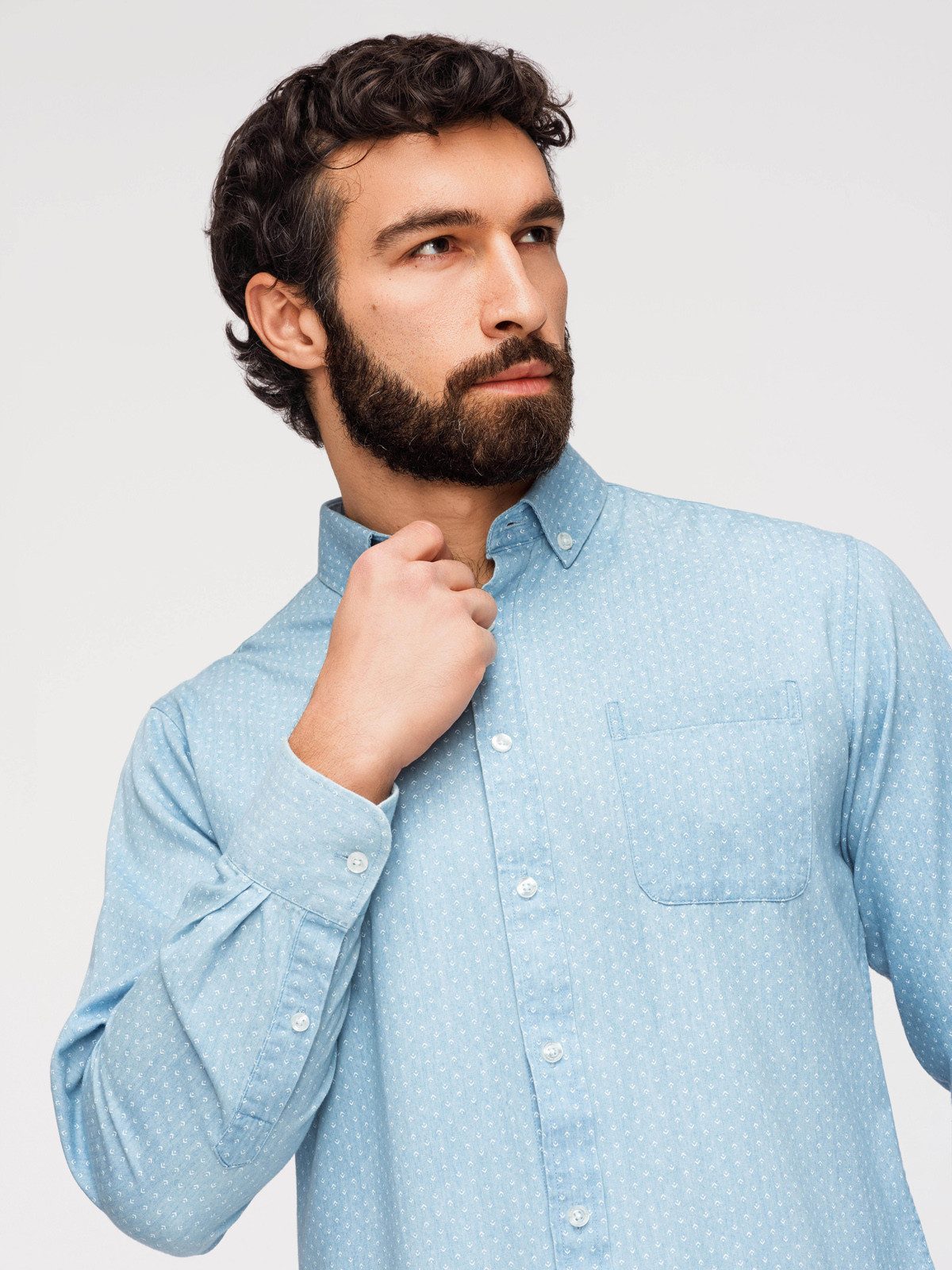 OMBRE Langarmhemd Shirt K702 V-1 light jeans S Light jeans XXL (kein Set, 1-tlg) Allover-Print