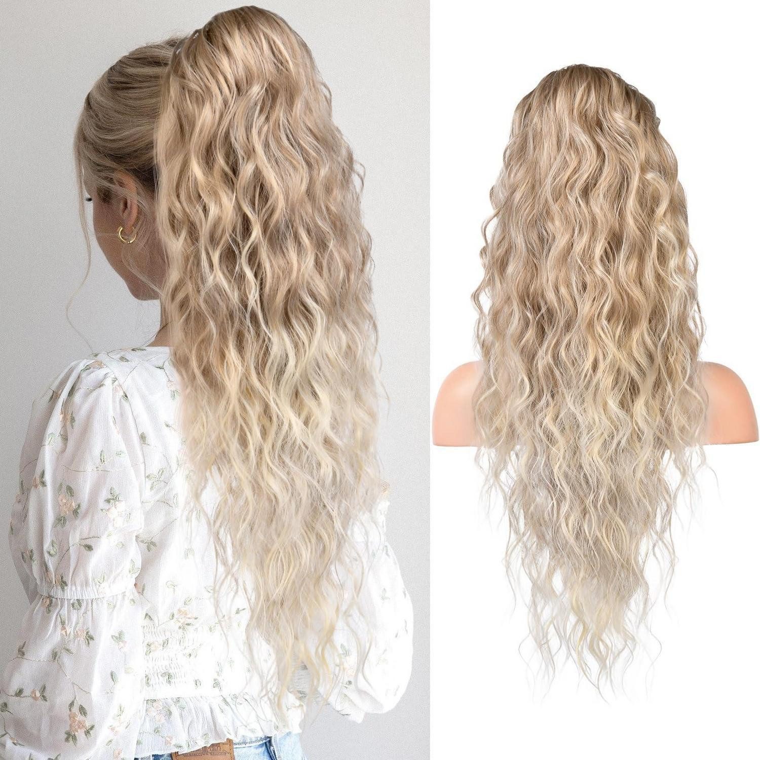LuxusKollektion Kunsthaar-Extension Pferdeschwanz Haarteil 66cm gewellt Zugband Blond mit hellen Enden