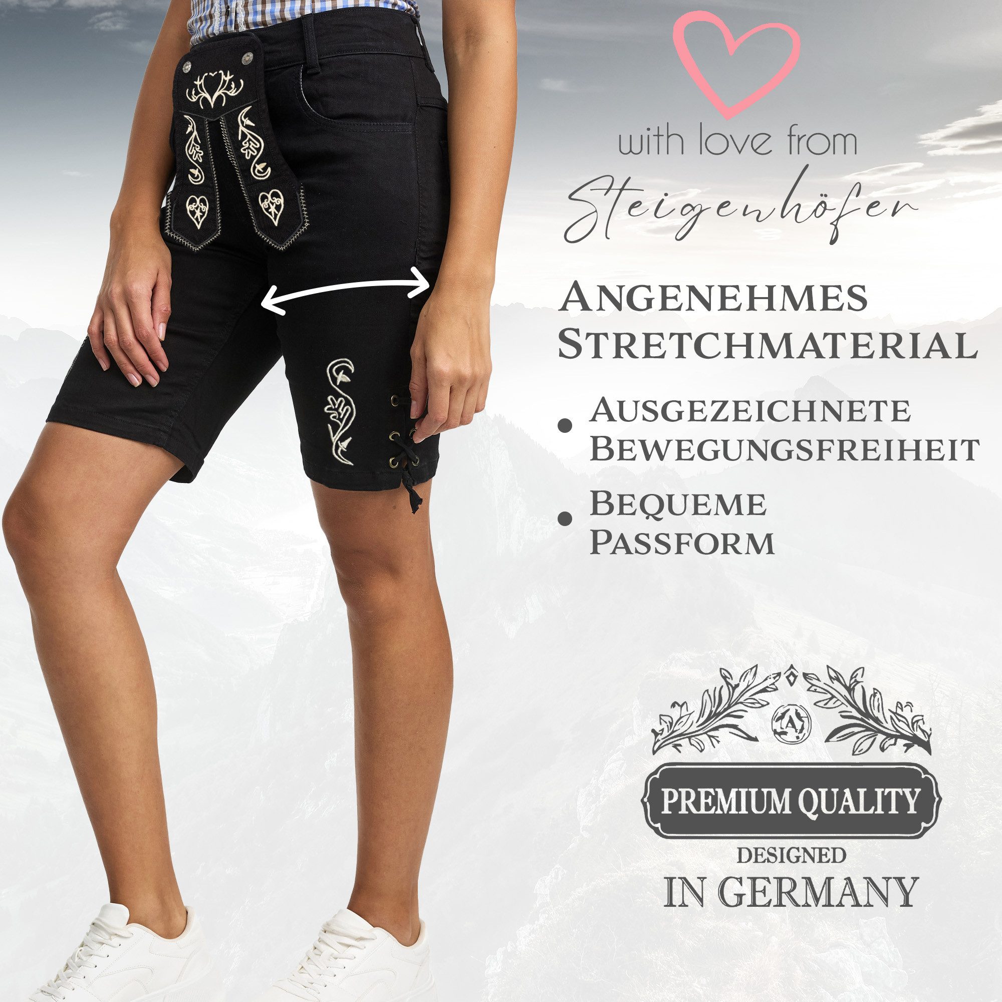 Steigenhöfer Manufaktur Trachtenjeans im Lederhosen Look - Damen Shorts - Stretch für Komfort - Capri Jeans Traditionelles Design - Ideal für Oktoberfest usw. - auch als 3/4 Hose