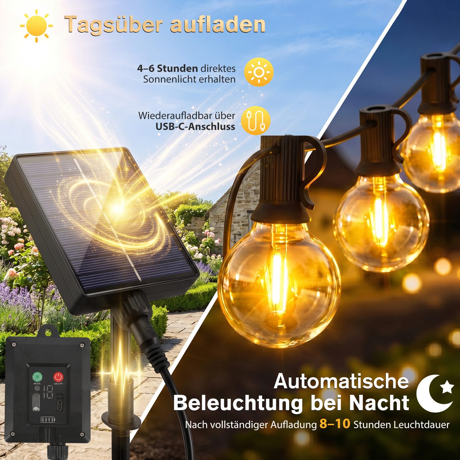 Salcar LED Solarleuchte Lichterkette Outdoor Solar 7-23M Gartenleuchten LED Lichterkette Außen, IP44 8 Modi 7,2m mit 10+1 G40 Glühbirnen Fernbedienung/Dimmbar/Timer