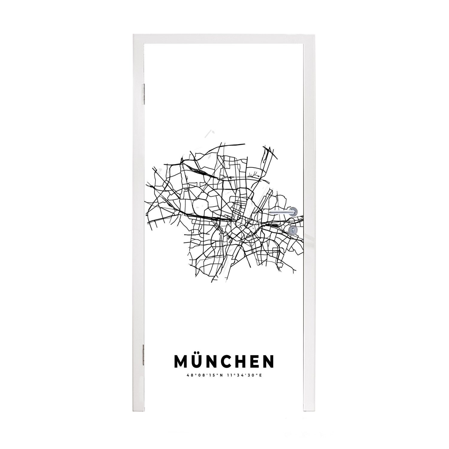 MuchoWow Türtapete Stadtplan - Schwarz und weiß - Karte - München - Deutschland, Matt, bedruckt, (1 St), Fototapete für Tür, Türaufkleber, 75x205 cm