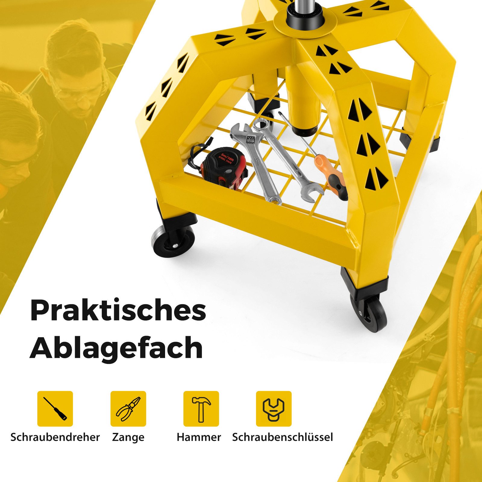 COSTWAY Montagehocker, höhenverstellbar, bis 150 kg, mit Werkzeugablage Gelb