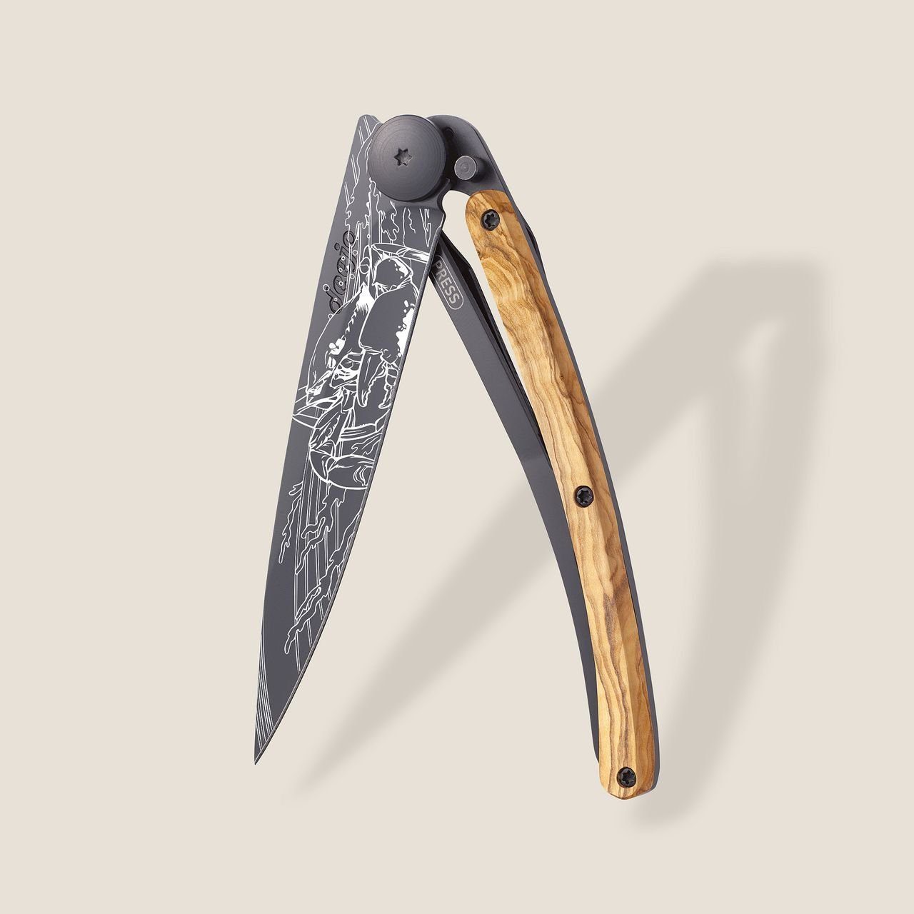 Deejo Taschenmesser 37g - Olivenholz / Krebs- Klappmesser - Outdoormesser - Messer, Sternzeichen Krebs Motiv