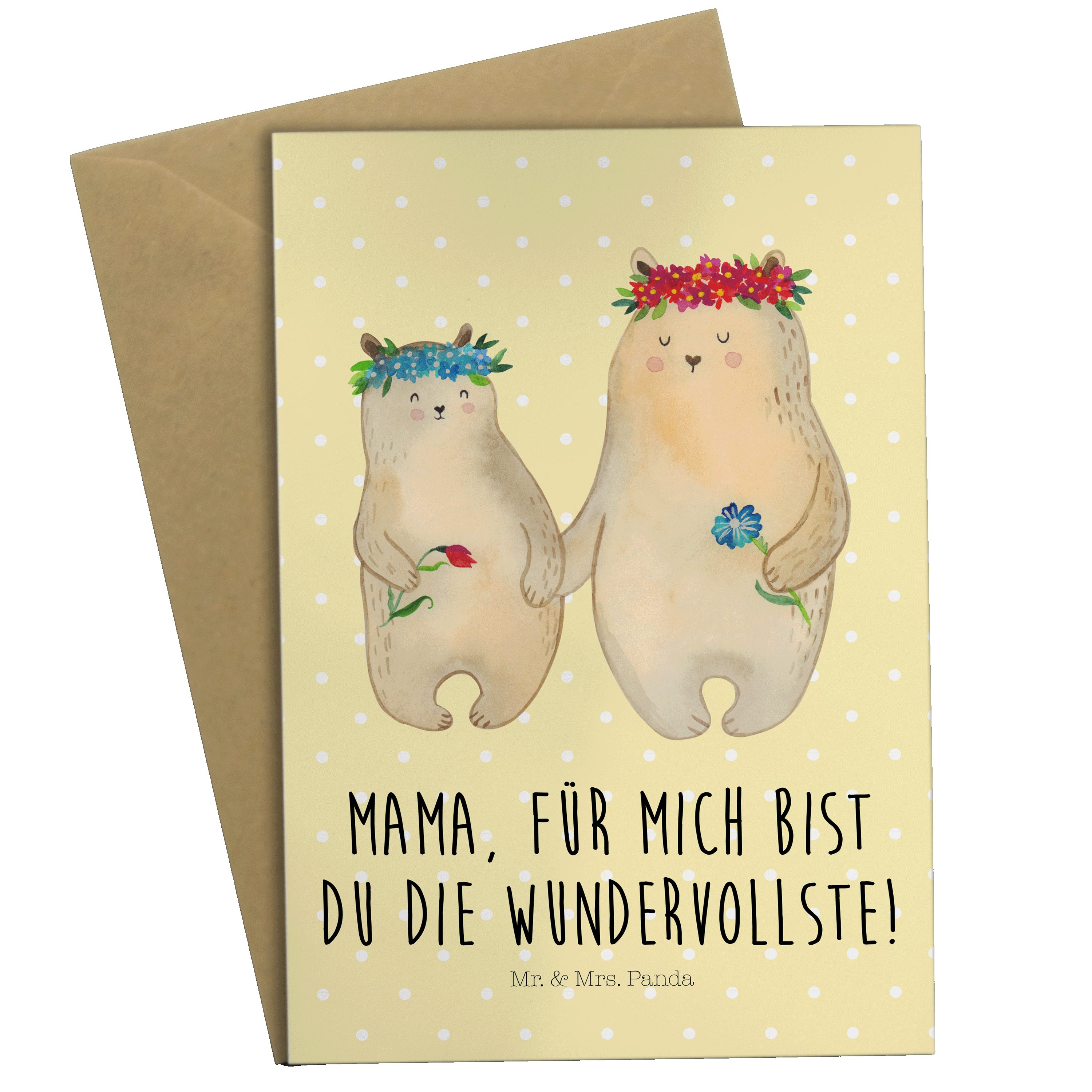 Mr. & Mrs. Mutti, Karte, - Panda Einlad mit Pastell Geschenk, Bären Gelb Grußkarte Blumenkranz 