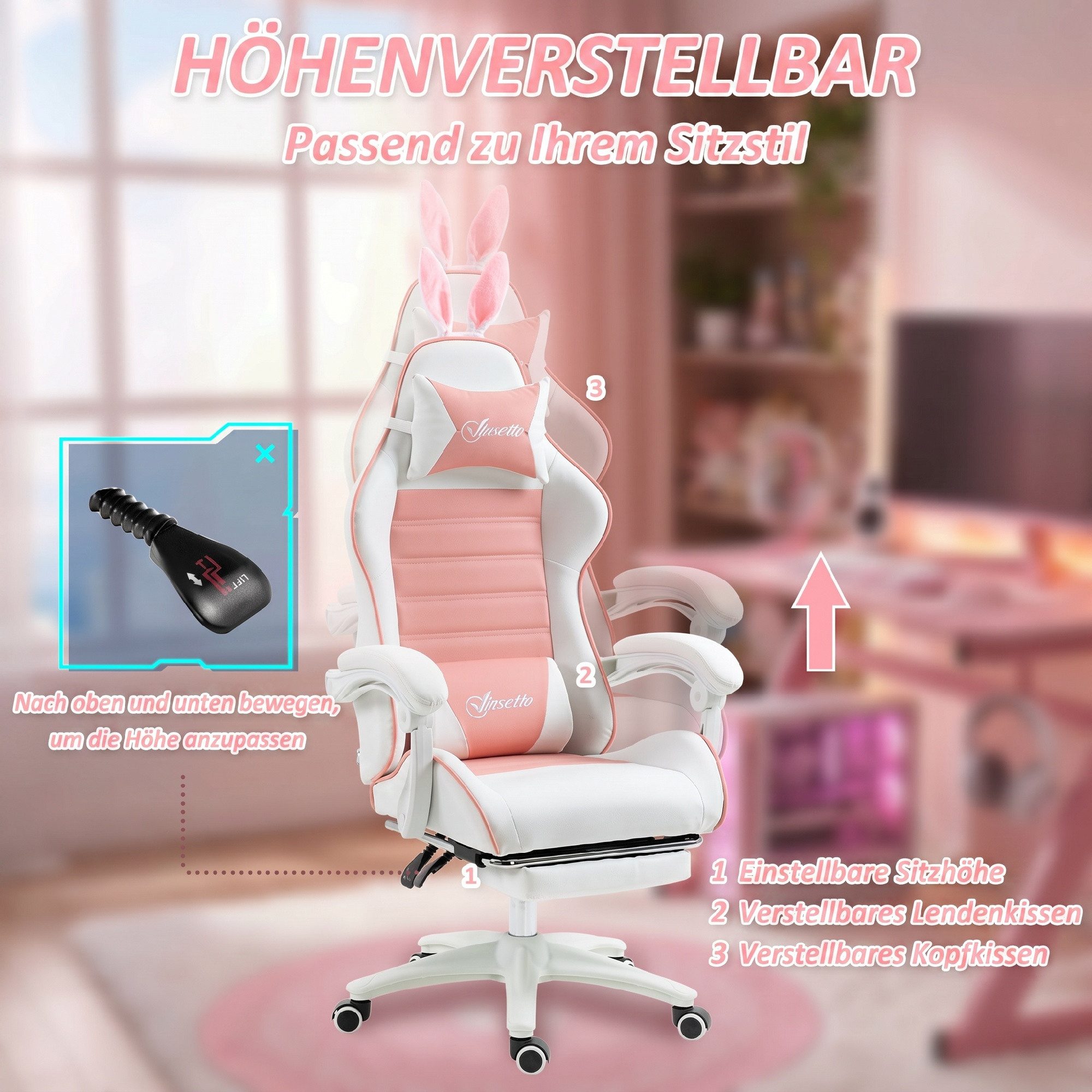 Vinsetto Gaming-Stuhl Gamer Stuhl ergonomisch PC Stuhl mit Lendenwirbelstütze, Fußstütze (Bürostuhl, 1 St), mit verstellbar Liegefunktion, Rosa – Bild 5 von 5