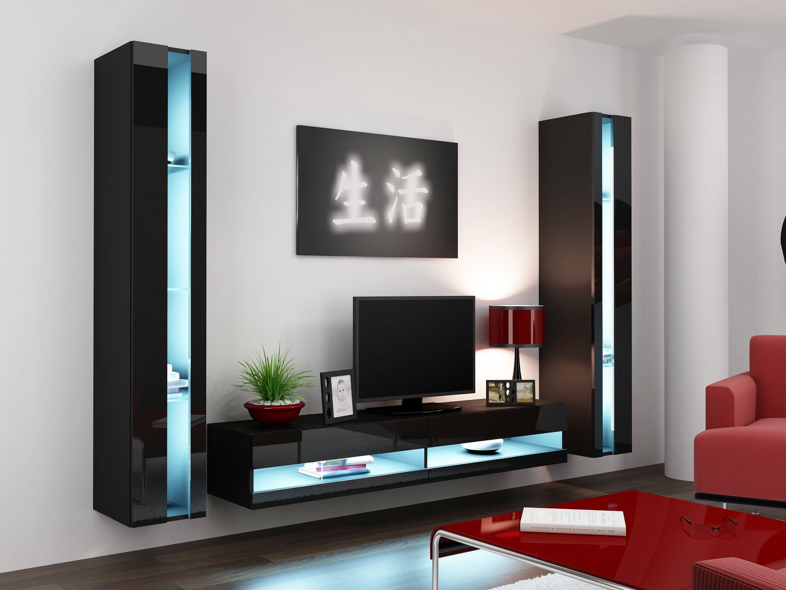 Wohnmöbel, (3-St), Schwarz/Schwarz N bestehend Glaselemente, (Set Wohnwand 1xLowboard Vago Stylefy inkl. Hochglanz aus 2xHängevitrine, mit und LED-Beleuchtung Push-to-Open, III, Wohnzimmer-Set),