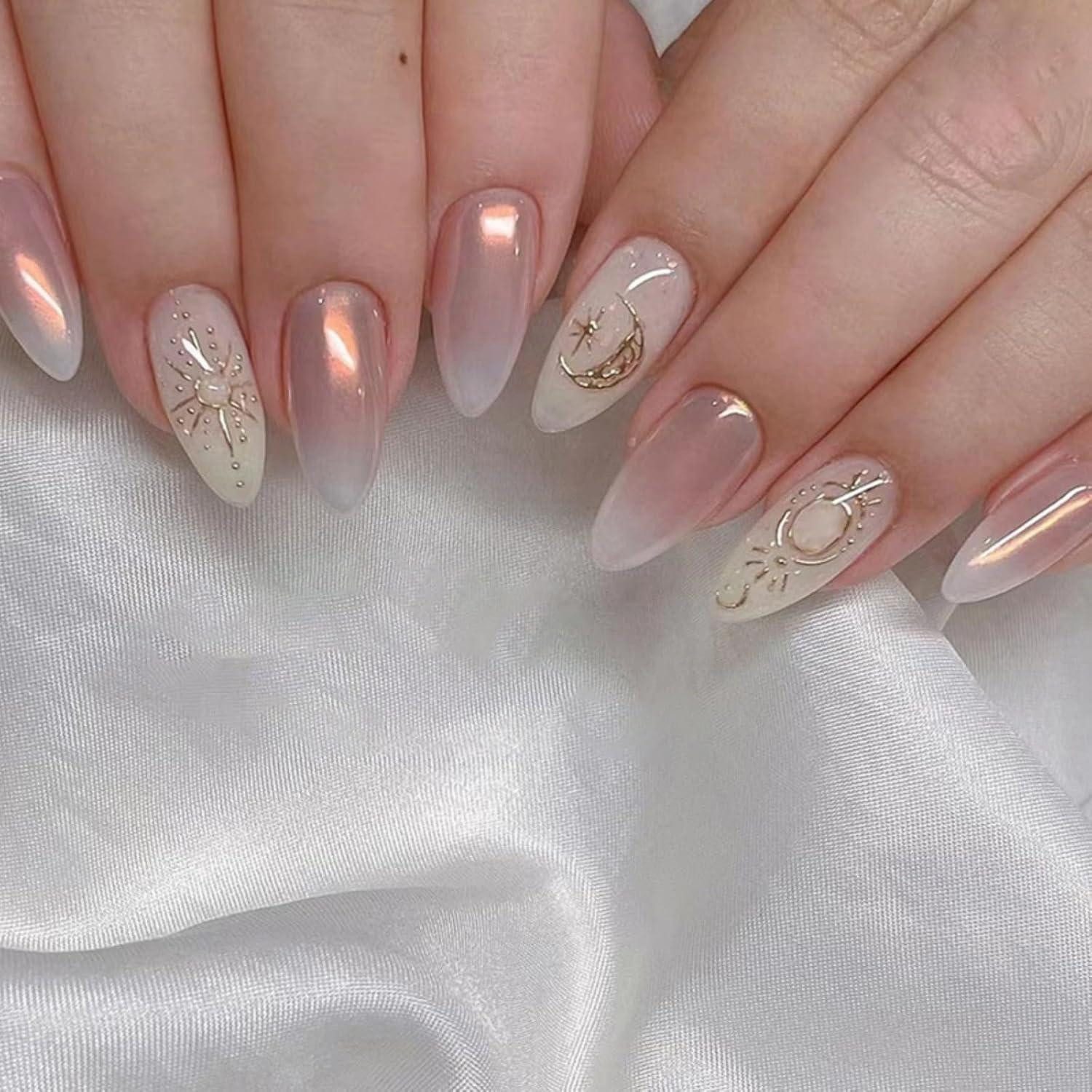 LuxusKollektion Kunstfingernägel Nägel Aurora Mandel Kurz Glossy Moon Stars French 12 Aurora&stars4