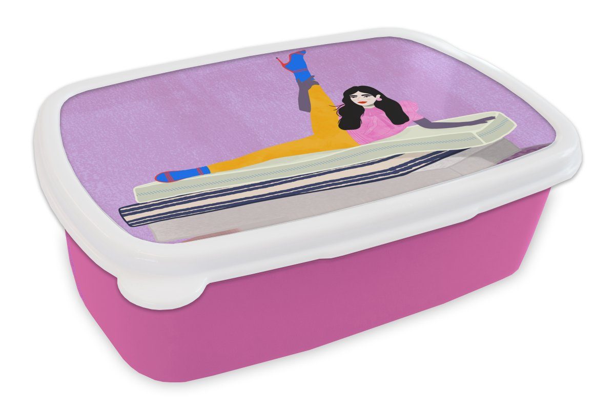 MuchoWow Lunchbox Frau - Vintage - Pastell, Kunststoff, (2-tlg), Brotbox für Erwachsene, Brotdose Kinder, Snackbox, Mädchen, Kunststoff rosa