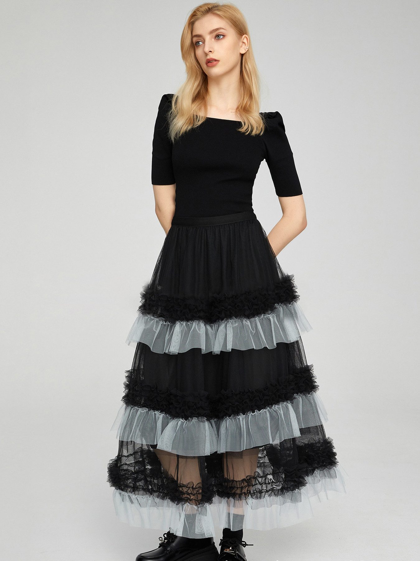 DEBAIJIA Meshrock Damen Frühling Herbst High Waist geschichteter Tüll-Tortenrock