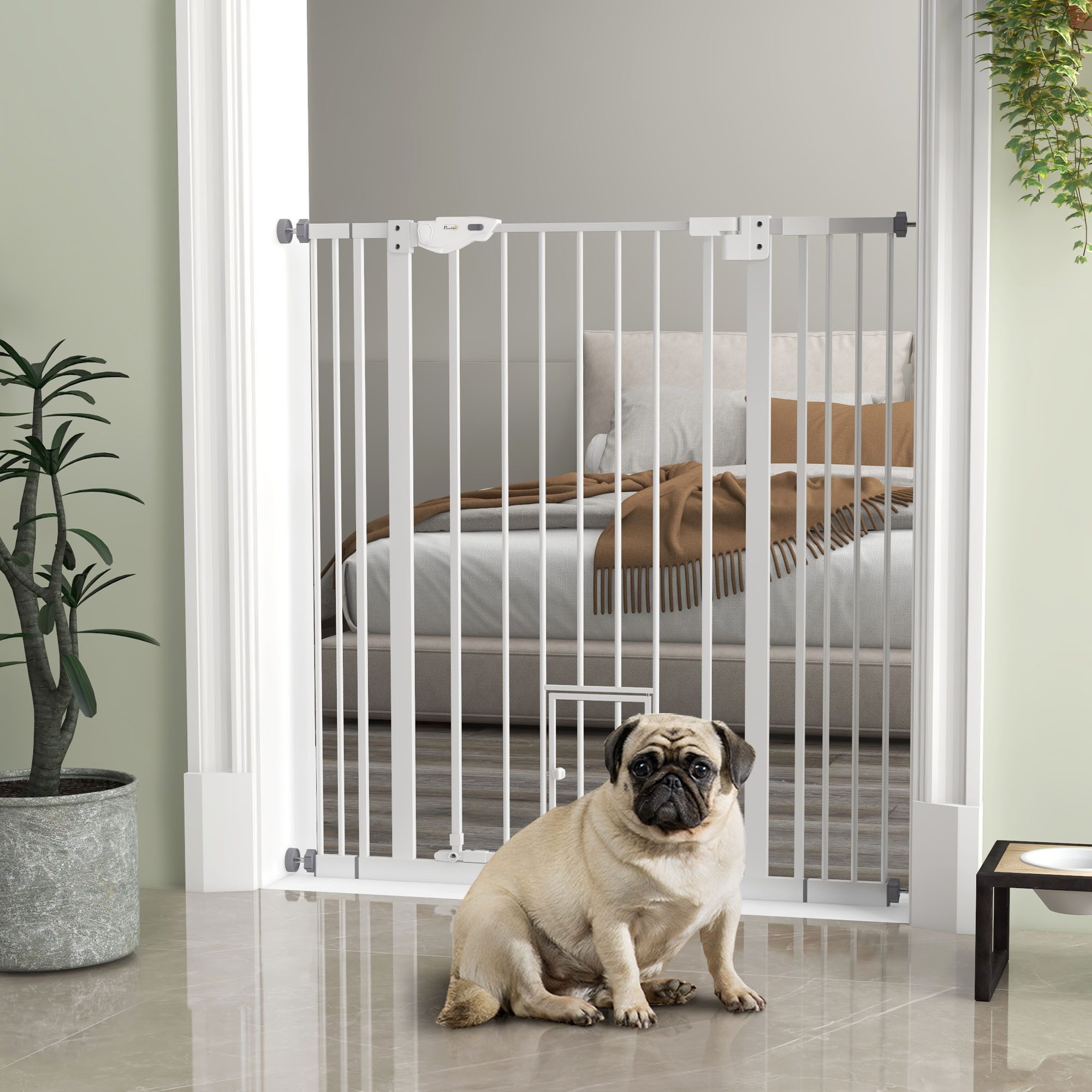 PawHut Hundegitter Türschutzgitter Ohne Bohren mit Auto-Close, Einhand Öffnung (Türschutzgitter, 1 St., Treppenschutzgitter ohne Bohren), mit automatisch schließender Doppelverriegelung, Stahl, Weiß