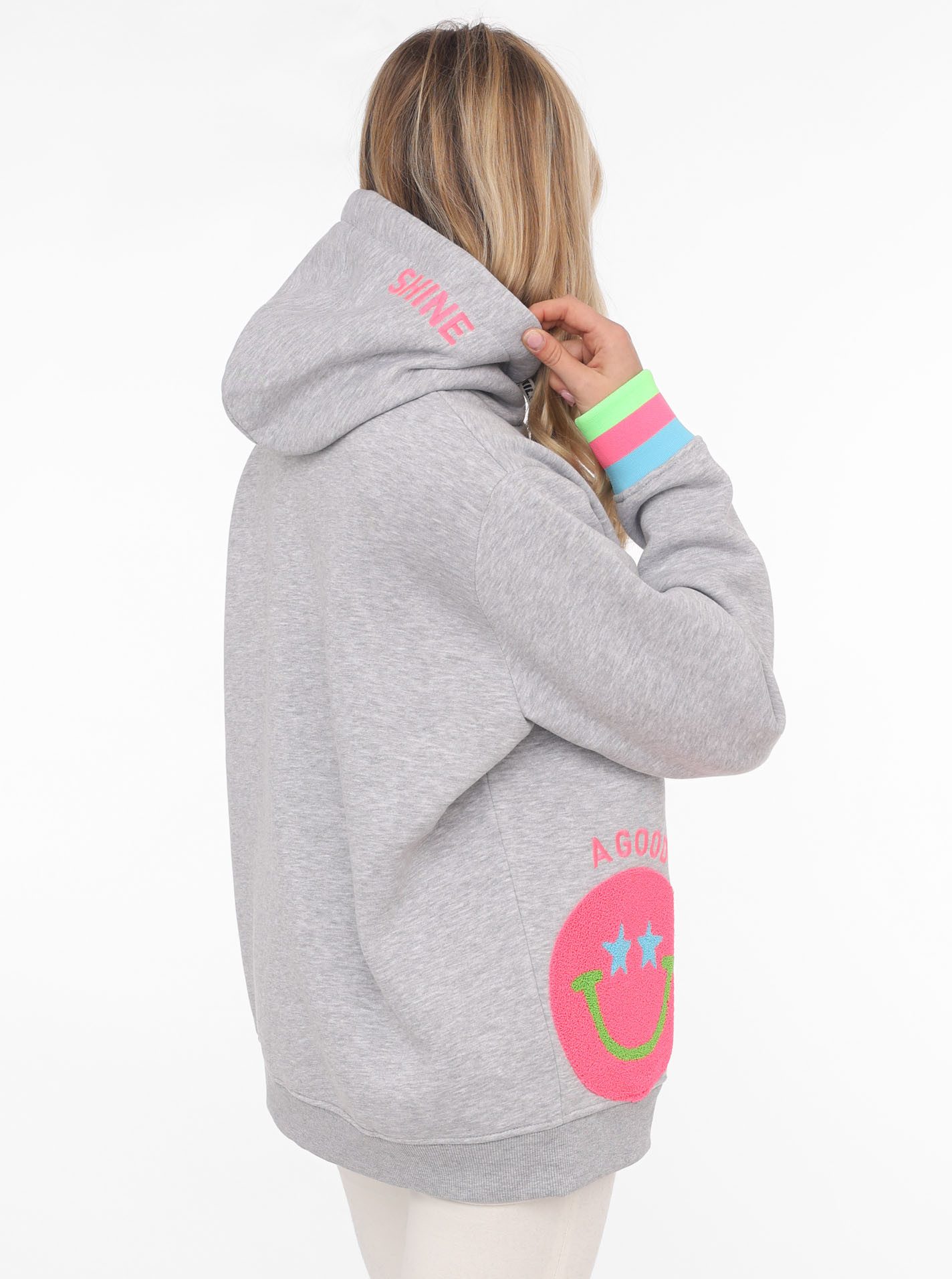 Zwillingsherz Hoodie "Always Happy" Smiley aus Frottee, Neon-Details, Kapuze, Langarm