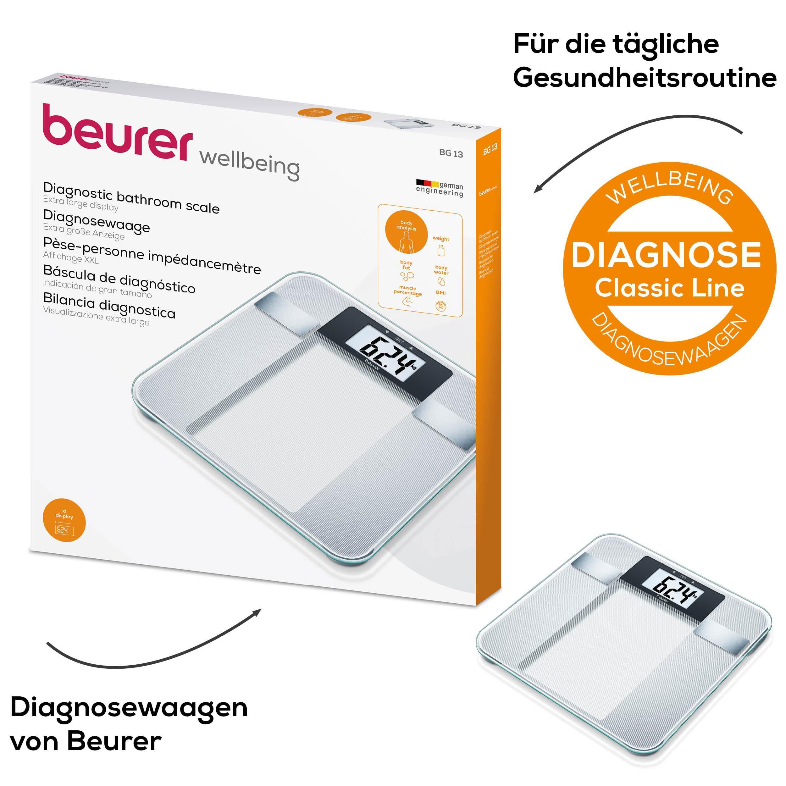 BEURER Körper-Analyse-Waage BG 13 zur Messung von Gewicht, Körperfett, Körperwasser, Muskelanteil, Trittfläche aus Sicherheitsglas, Tragkraft bis 150 kg