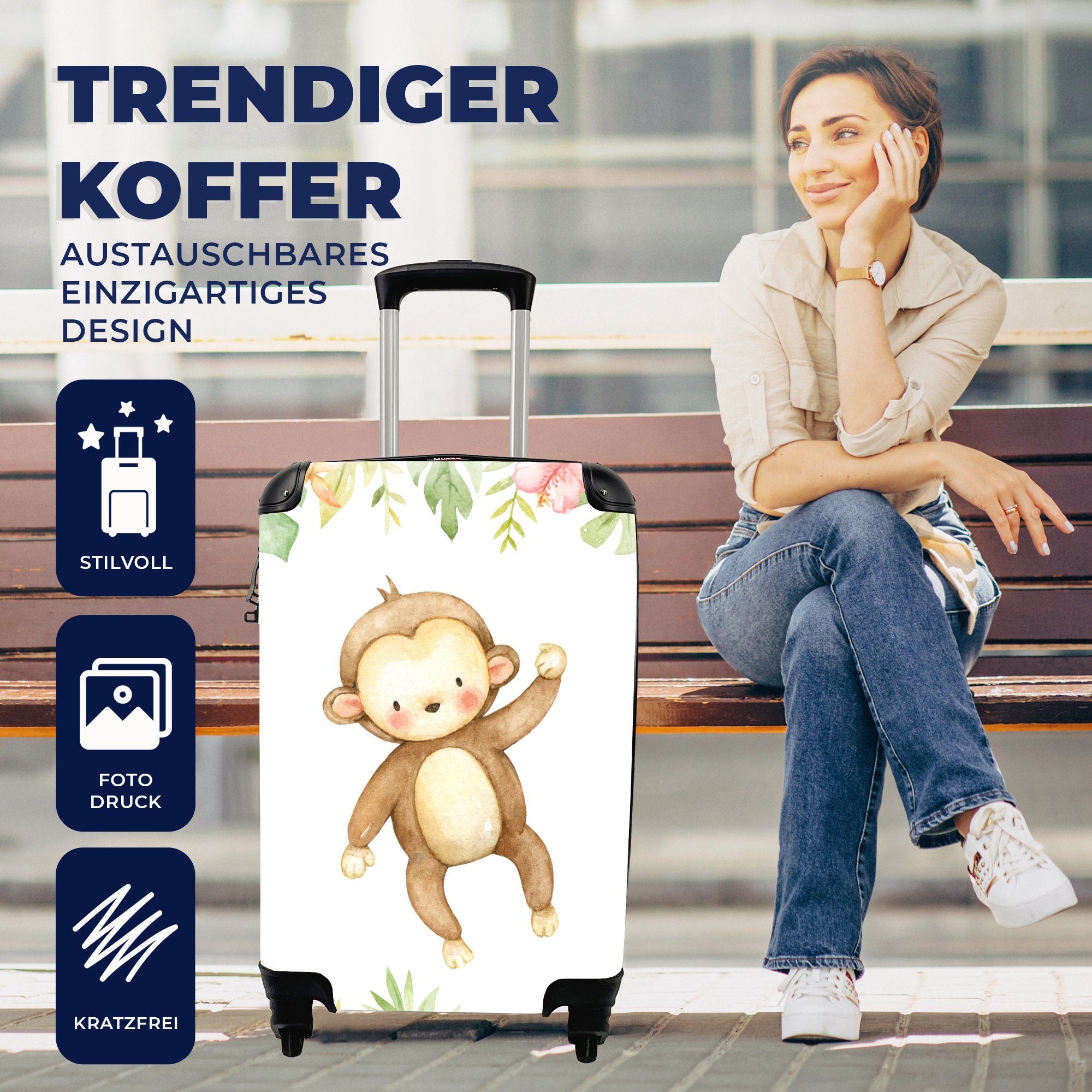 Blumen Handgepäck für Trolley, Ferien, Dschungel, 4 rollen, Rollen, mit Reisetasche MuchoWow - Reisekoffer Affe Handgepäckkoffer -