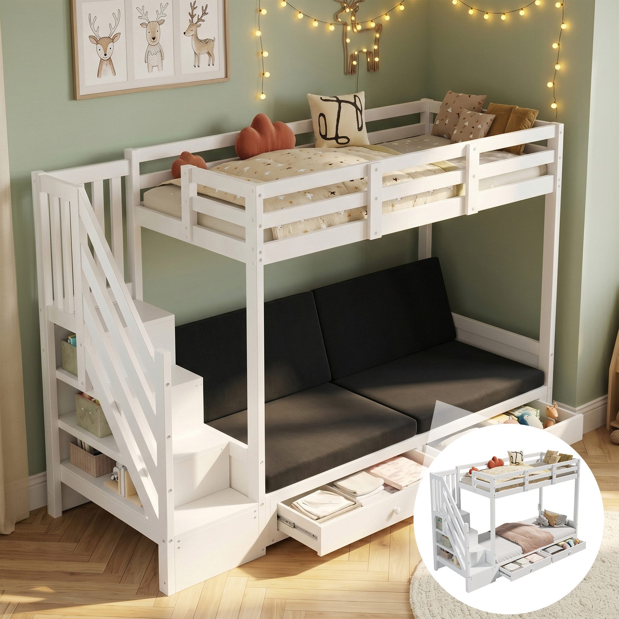 Flieks Etagenbett, Kinderbett 90x200cm mit vestellbarem Sofa 2 Schubladen Stauraumtreppe