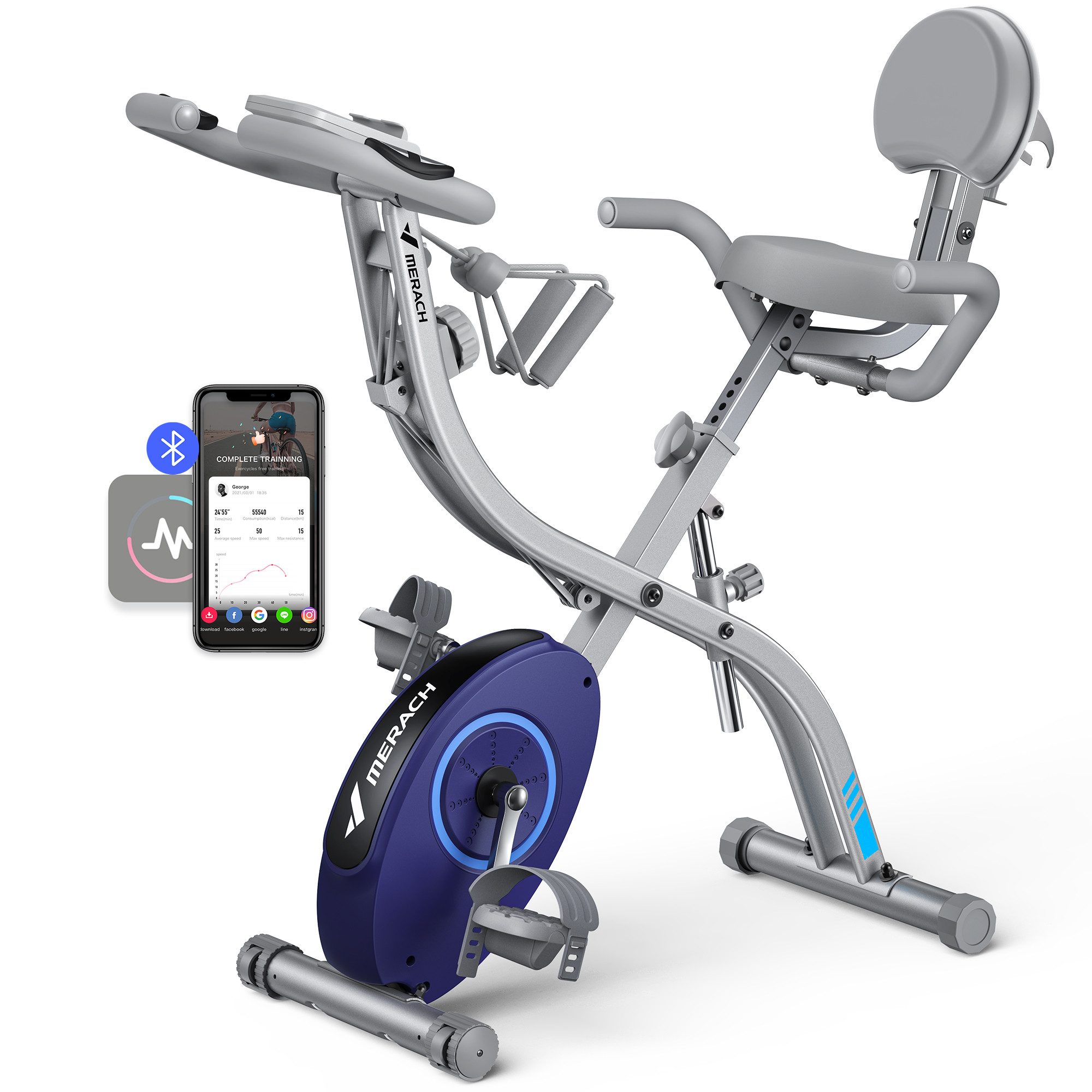 MERACH Fitnessbike Neu 4-in-1 Heimtrainer Fahrrad Klappbar, Extra Bequem & Leise, (mit 16 stufiger magnetischer Widerstand, Tabletständer, 1-tlg., Fahrrad Senioren mit LCD Monitor, Pulsmessung, Kompatibel mit Kinomap), Indoor Bike, Fitnessbikes, bis 136kg Belastbar Hometrainer Fahrrad