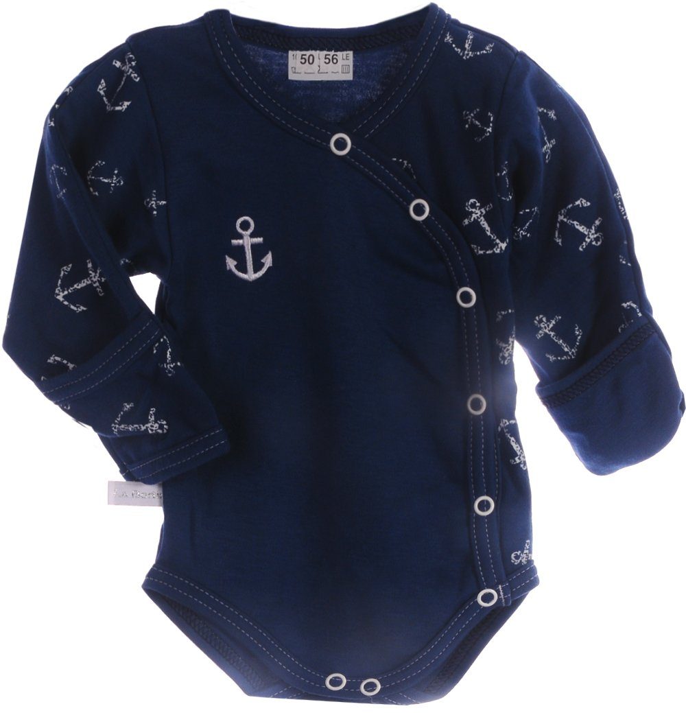 La Bortini Wickelbody Baby Body Langarmbody mit Kratzschutz gemustert mir Anker in Blau aus reiner Baumwolle, 44 50 56 62 68 74 80 86 92 98 104