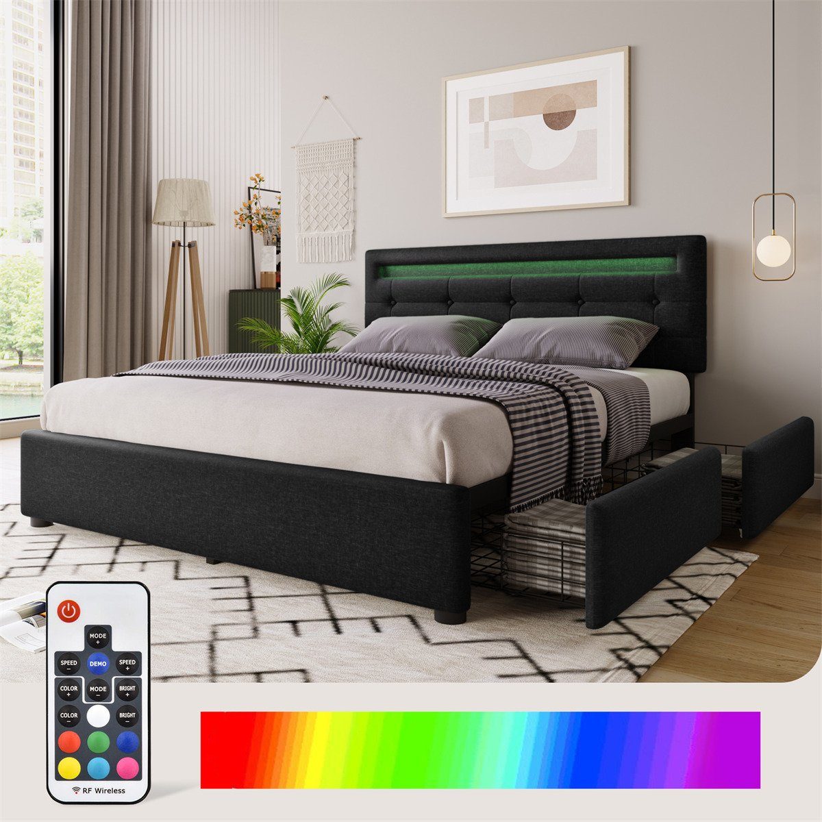 autolock Polsterbett Bettgestell,Doppelbett Polsterbett mit LED Beleuchtung, 4 Schubladen,Höhenverstellbarem Kopfteil,Stauraumbett