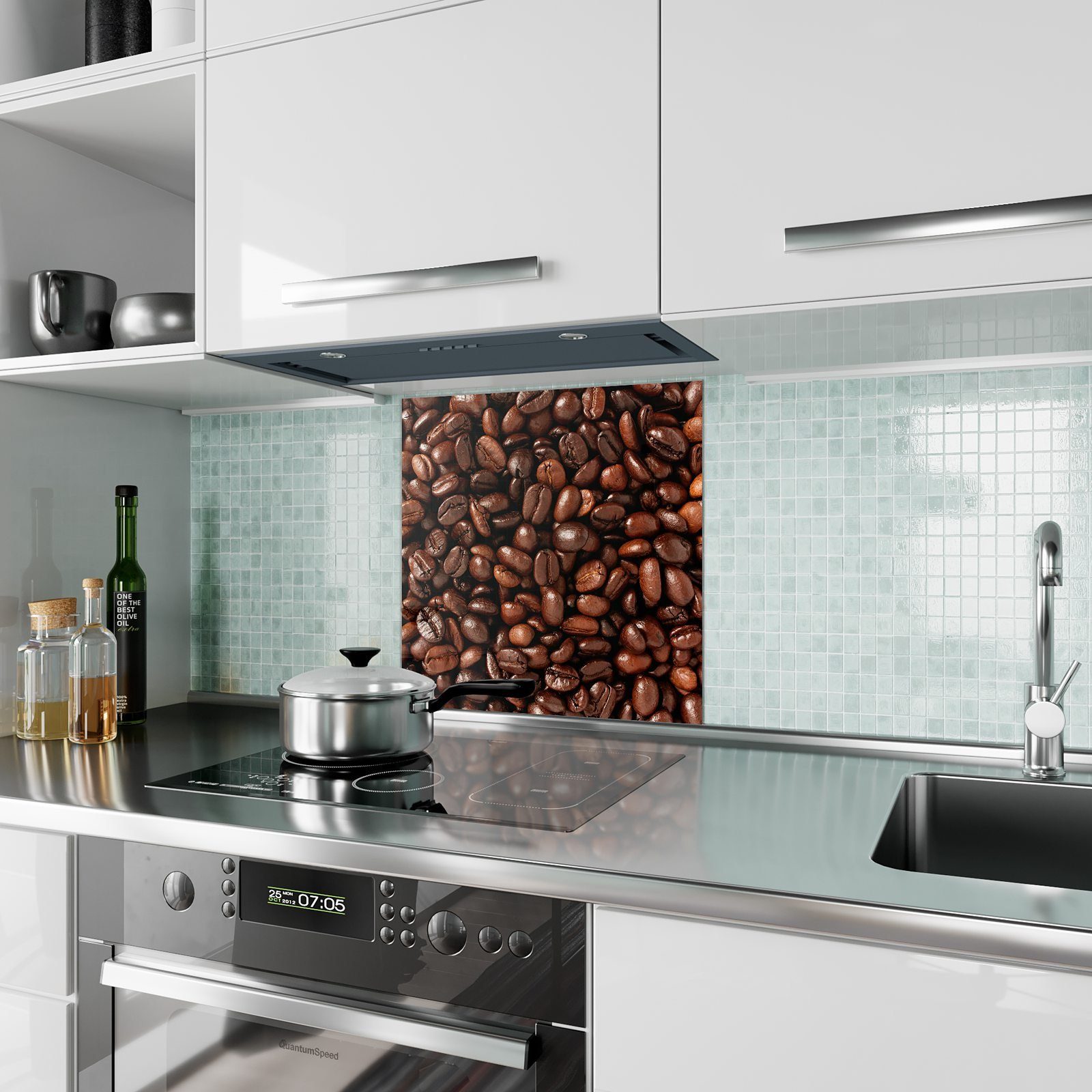 Küchenrückwand Primedeco mit Motiv Spritzschutz Küchenrückwand Glas Kaffeebohnen belagert