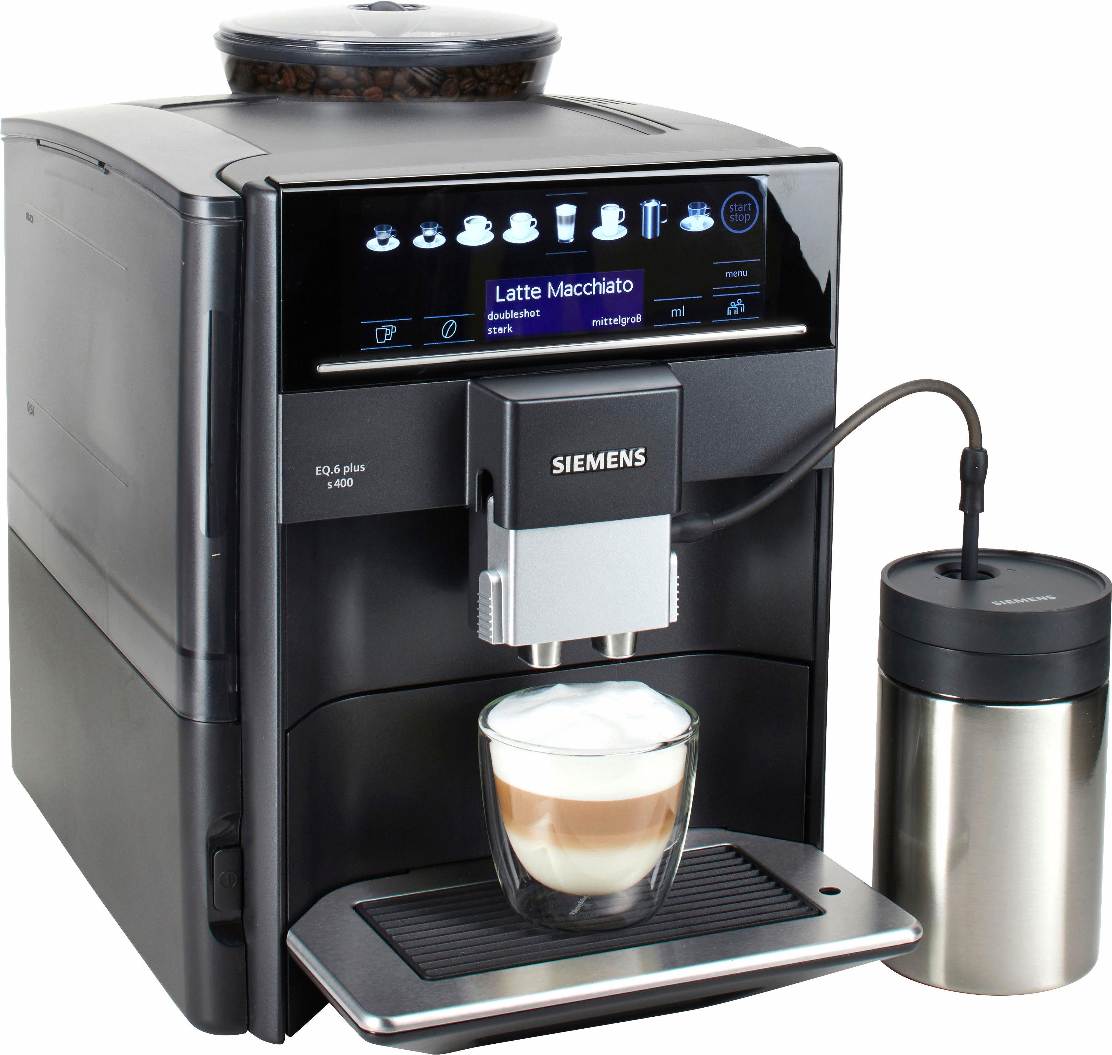 SIEMENS Kaffeevollautomat EQ6 plus s400 TE654509DE, Doppeltassenfunktion, Keramikmahlwerk, viele Kaffeespezialitäten, automatische Dampfreinigung, saphirschwarz