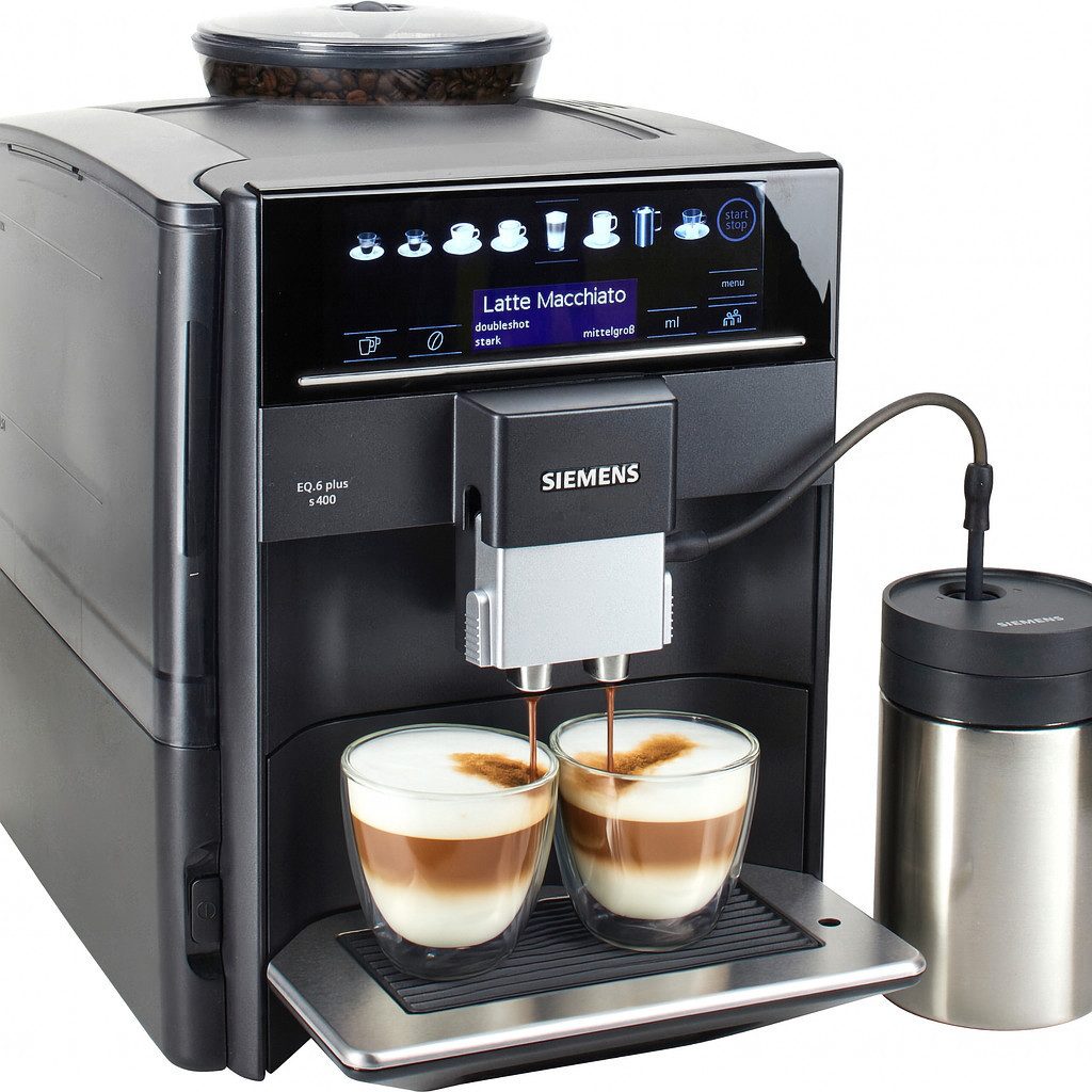 SIEMENS Kaffeevollautomat EQ6 plus s400 TE654509DE, Doppeltassenfunktion, Keramikmahlwerk, viele Kaffeespezialitäten, automatische Dampfreinigung, saphirschwarz