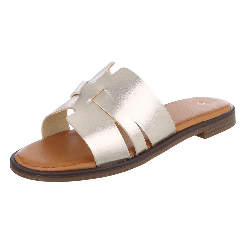 Ital-Design Komfortable Damensandalen mit gekreuzten Riemen für Freizeit Pantolette (91409267) Blockabsatz Pantoletten in Gold