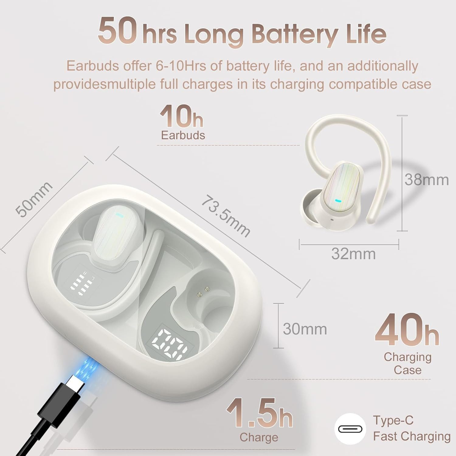 BRAIDOL Bluetooth Kopfhörer Sport, Open-Ear-Kopfhörer,Kopfhörer Kabellos Open-Ear-Kopfhörer (In Ear Kopfhörer mit CVC8.0 Mic, 50 Std Spielzeit Immersiver HiFi Stereo Ohrhörer, Dual LED-Anzeige, IPX7 Wasserdicht Earbuds mit Ohrhaken für Sport Arbeit und Studium)