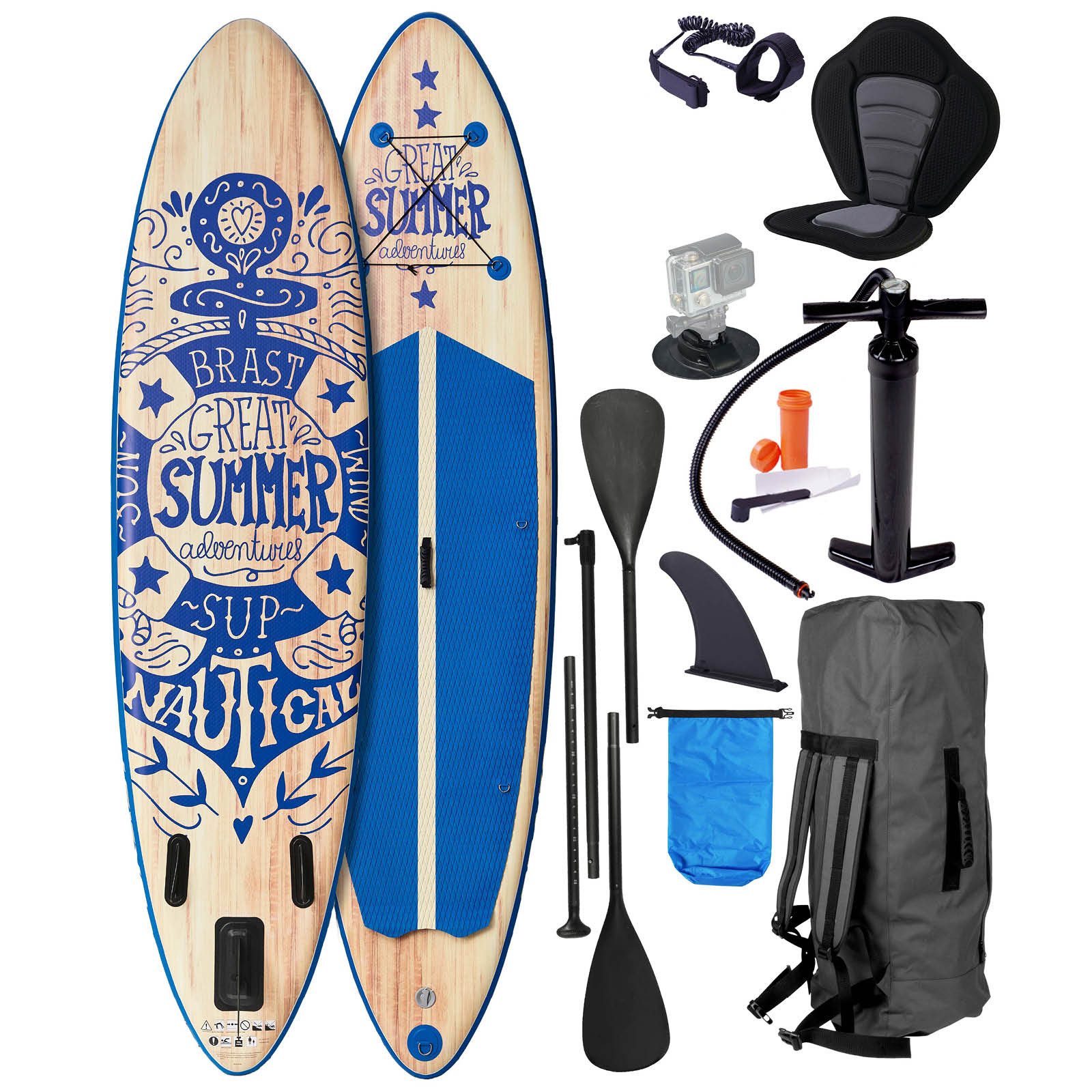 BRAST SUP-Board Summer Aufblasbares Stand up Paddle Set - 320x81x15cm, 5 Jahre Garantie inkl. Sonderzubehör, (2in1 Paddel Kajak-Sitz Action-Cam-Halterung), Fußschlaufe Paddel Pumpe Rucksack