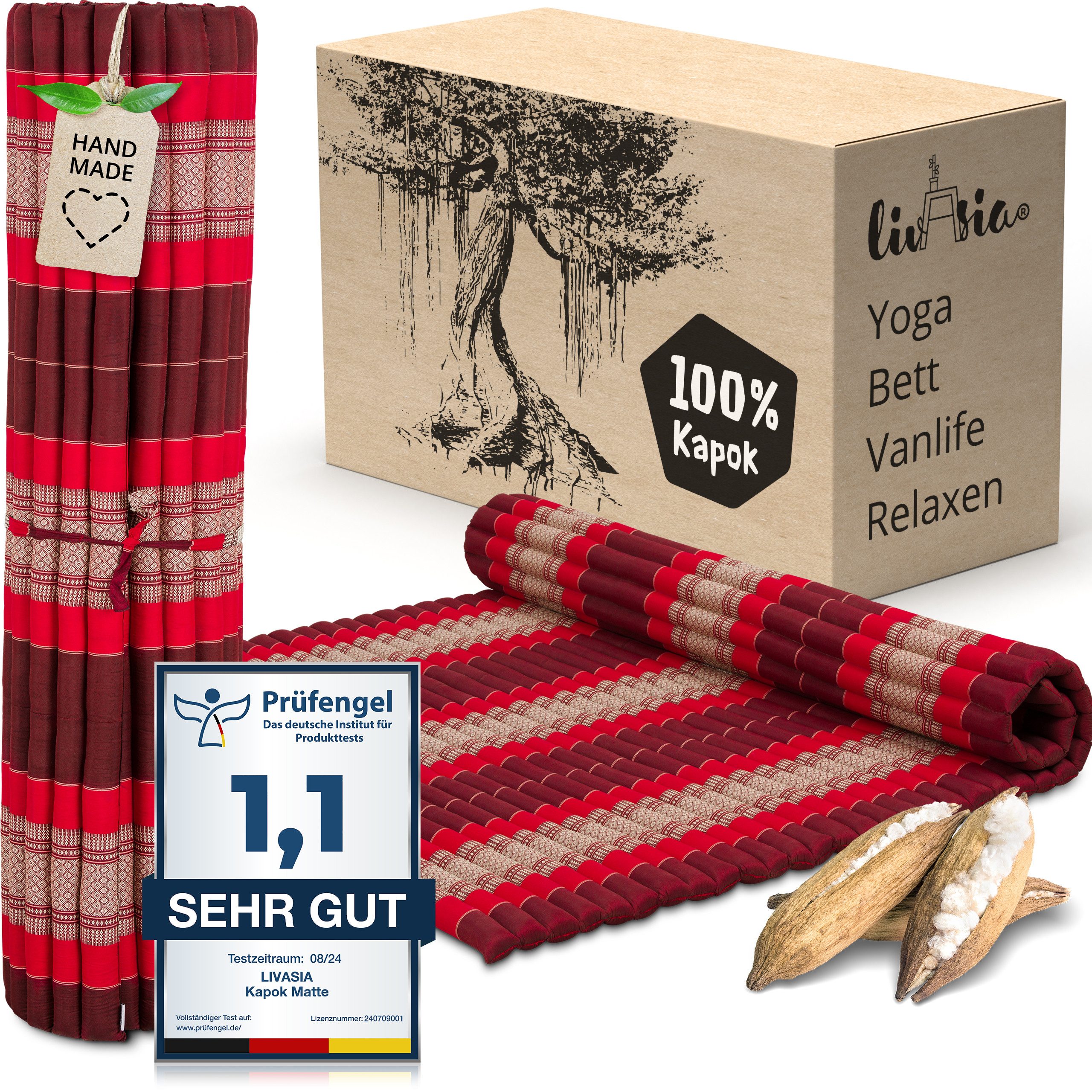 Reisebett-Matratzen Rollmatte 145 cm breit, vegan und handgefertigt, 200x145x4,5cm, livasia, 4.5 cm hoch, Kapok