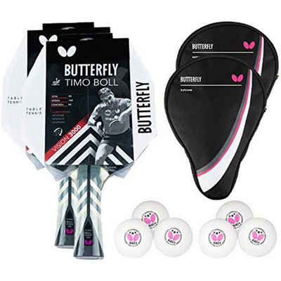 Butterfly Tischtennisschläger 2x Timo Boll Vision 3000 + 2x Drive Case 1 + Bälle, Tischtennis Schläger Set Tischtennisset Table Tennis Bat Racket