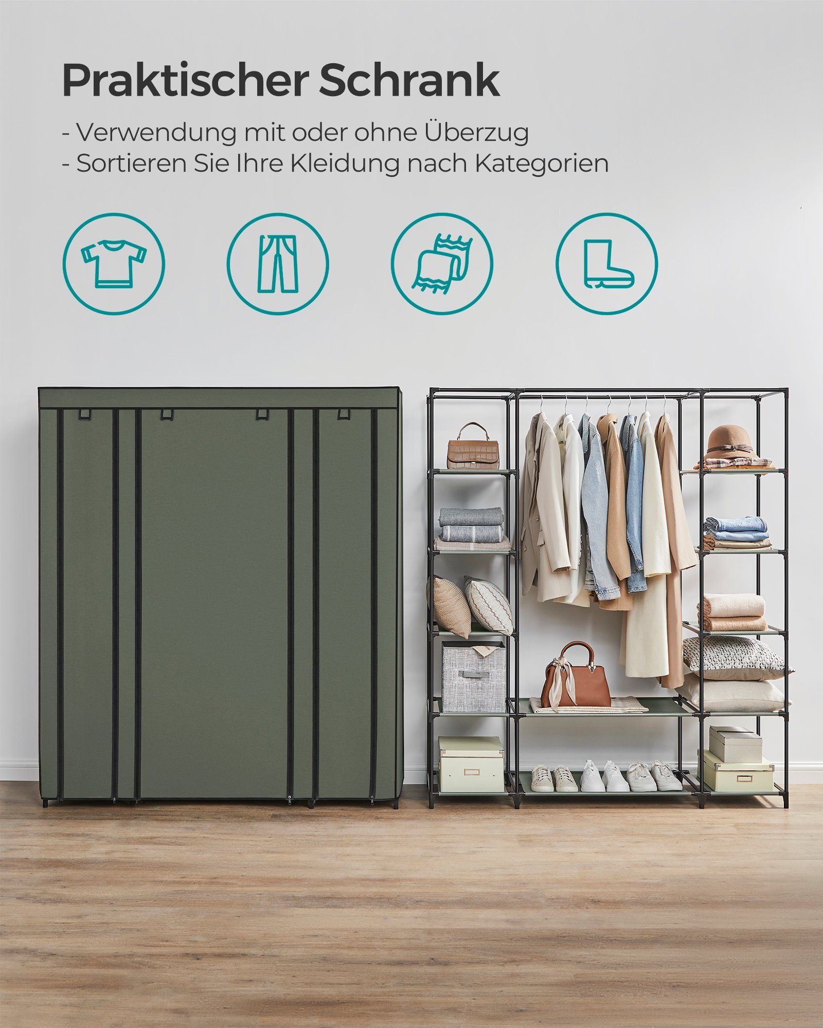 SONGMICS Kleiderschrank Stoffschrank mit Überzug aus Vliesstoff, Kleiderstange, 12 Ablagen