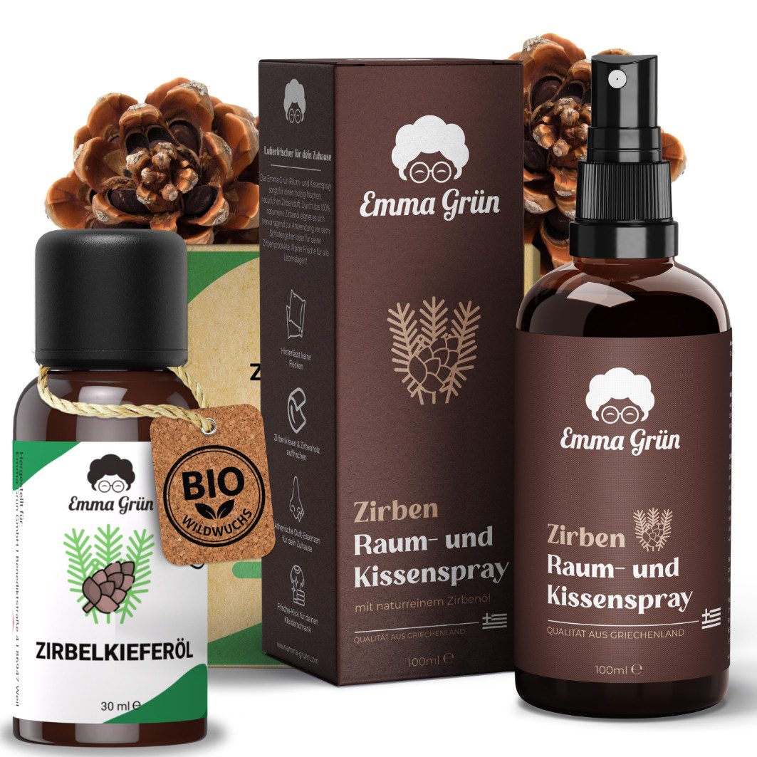 Emma Grün Duftöl Alpine Frische Spar-Set mit Zirbenöl & Raumspray (Spar-Set, 1x Wildwuchs Zirbenöl 30 ml, 1x Raumspray Zirbe 100 ml), Höchste Wildwuchs-Qualität, naturrein & ohne Zusätze