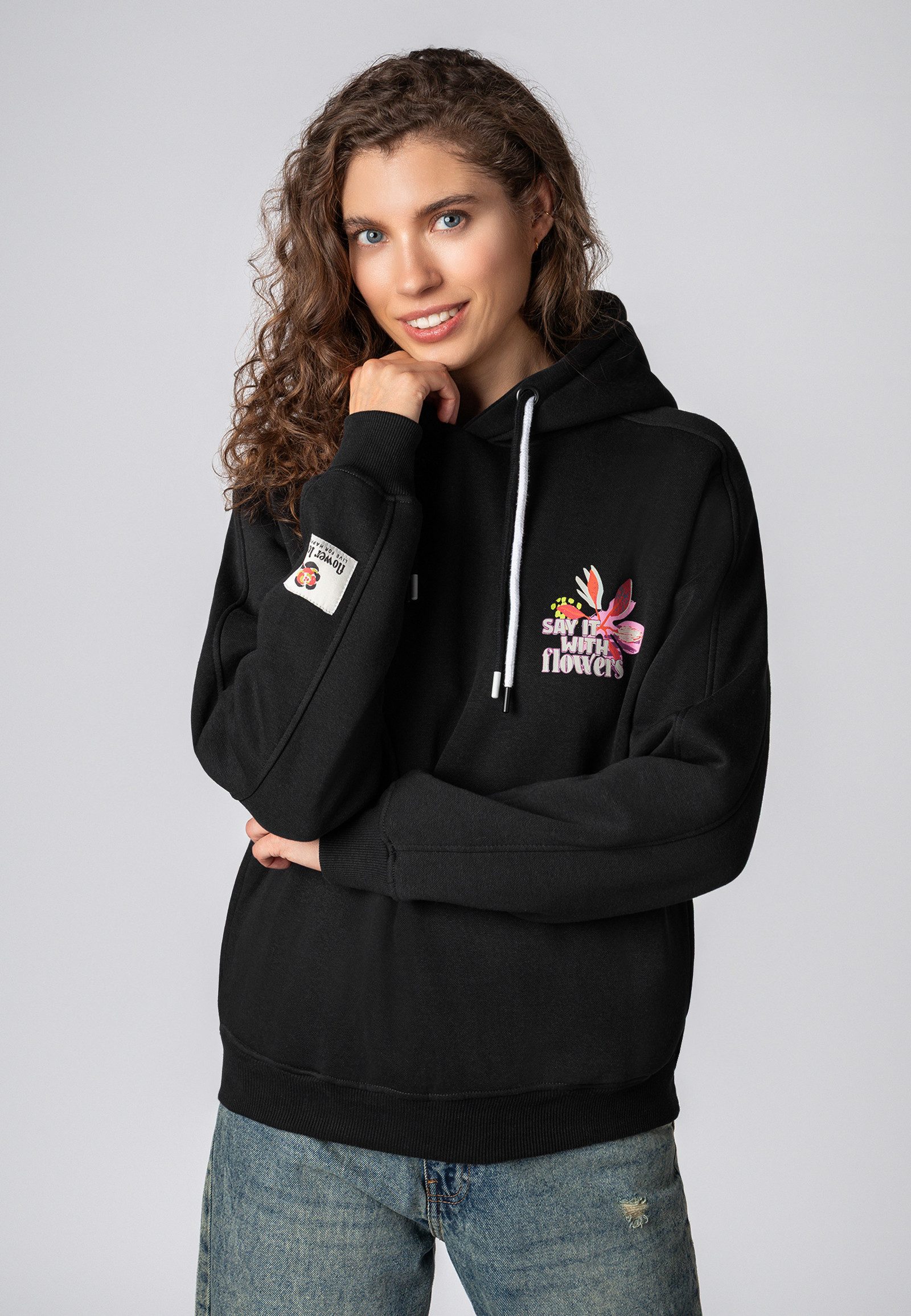 SUBLEVEL Kapuzenpullover Damen Hoodie mit Flowerprints Sweater, Kapuzensweatshirt mit seitl. Eingrifftaschen