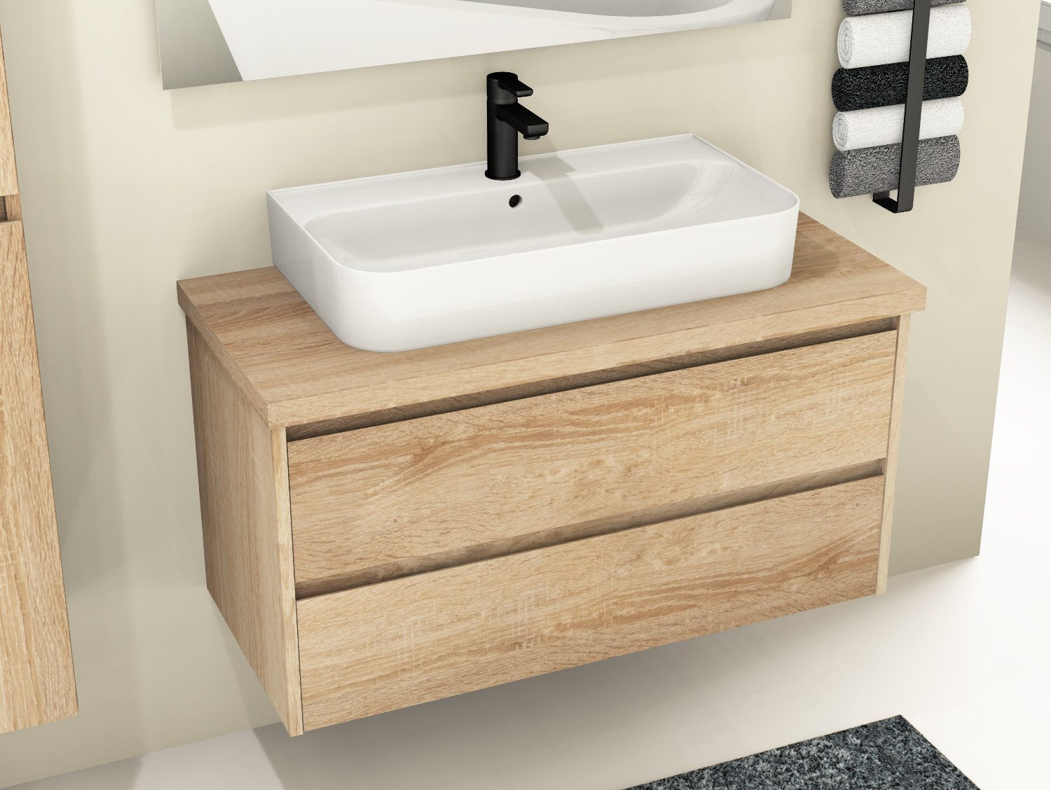 Aqua Bagno Badmöbel-Set Duo Waschplatz 100 cm Keramikbecken MDF Eiche Gold Soft-Close Badmöbel, (vormontiert, 3-St., Badmöbelschrank lackiert, Trägerplatte, Keramikwaschbecken)