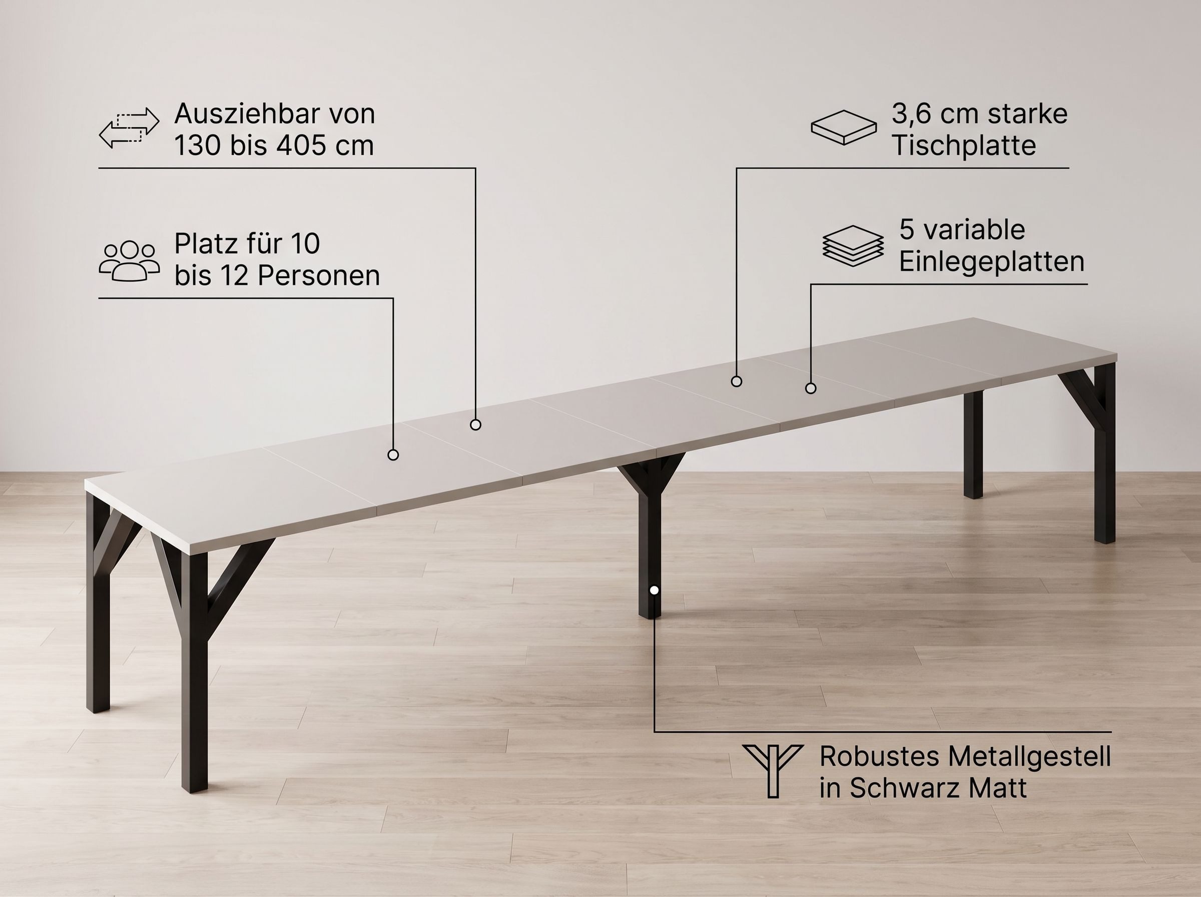 Endo-Moebel Kulissen-Esstisch XXL Dunaj 130-405cm ausziehbar erweiterbar extra groß 4m lang (1 Tisch), für 10-12 Personen, breit, riesiger Designtisch, Funktionstisch modern