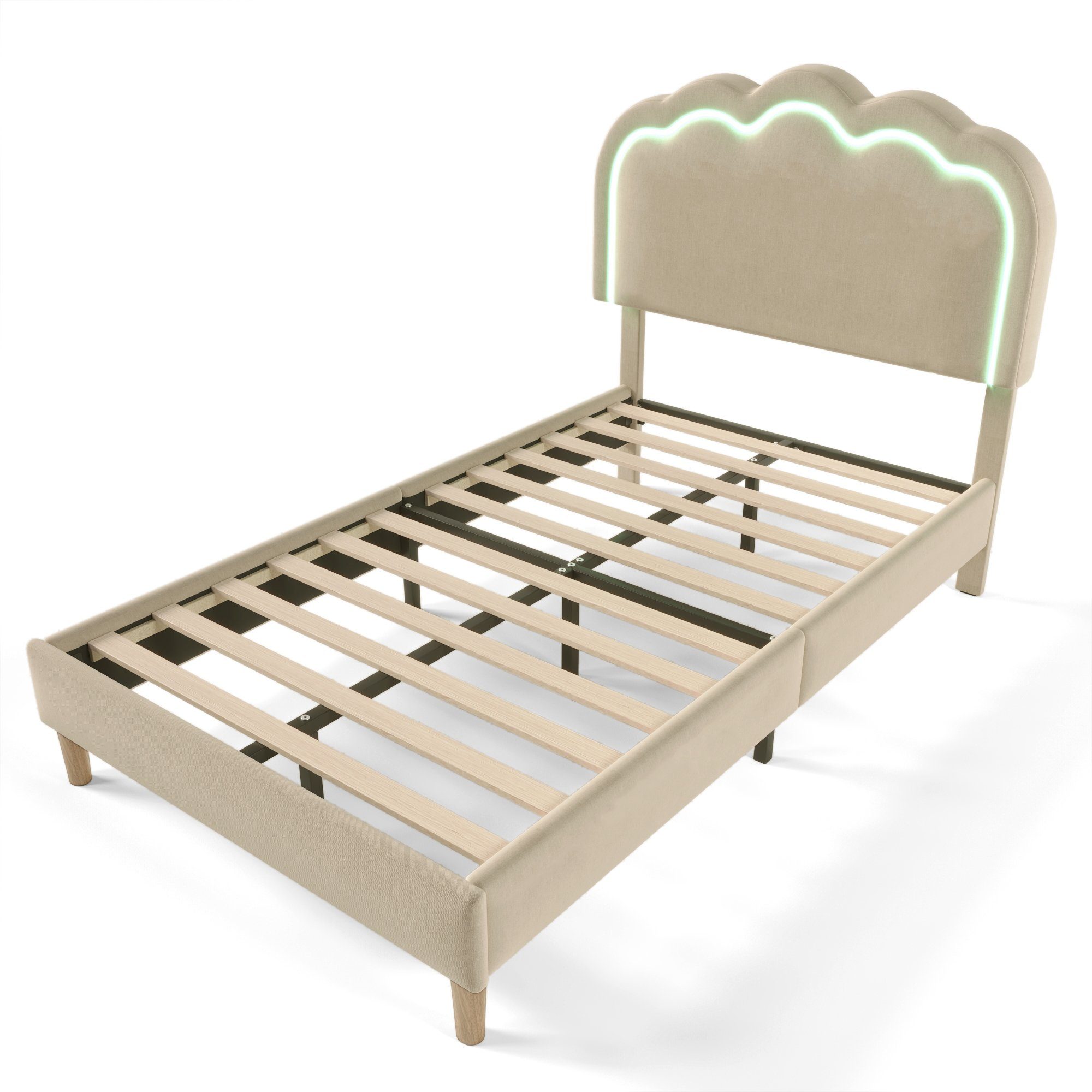 Polsterbett (Einzelbett, LED Jugendbett), mit Lattenrost & Verstellbares Kopfteil in Puff-Form, 90x200cm, Leinen