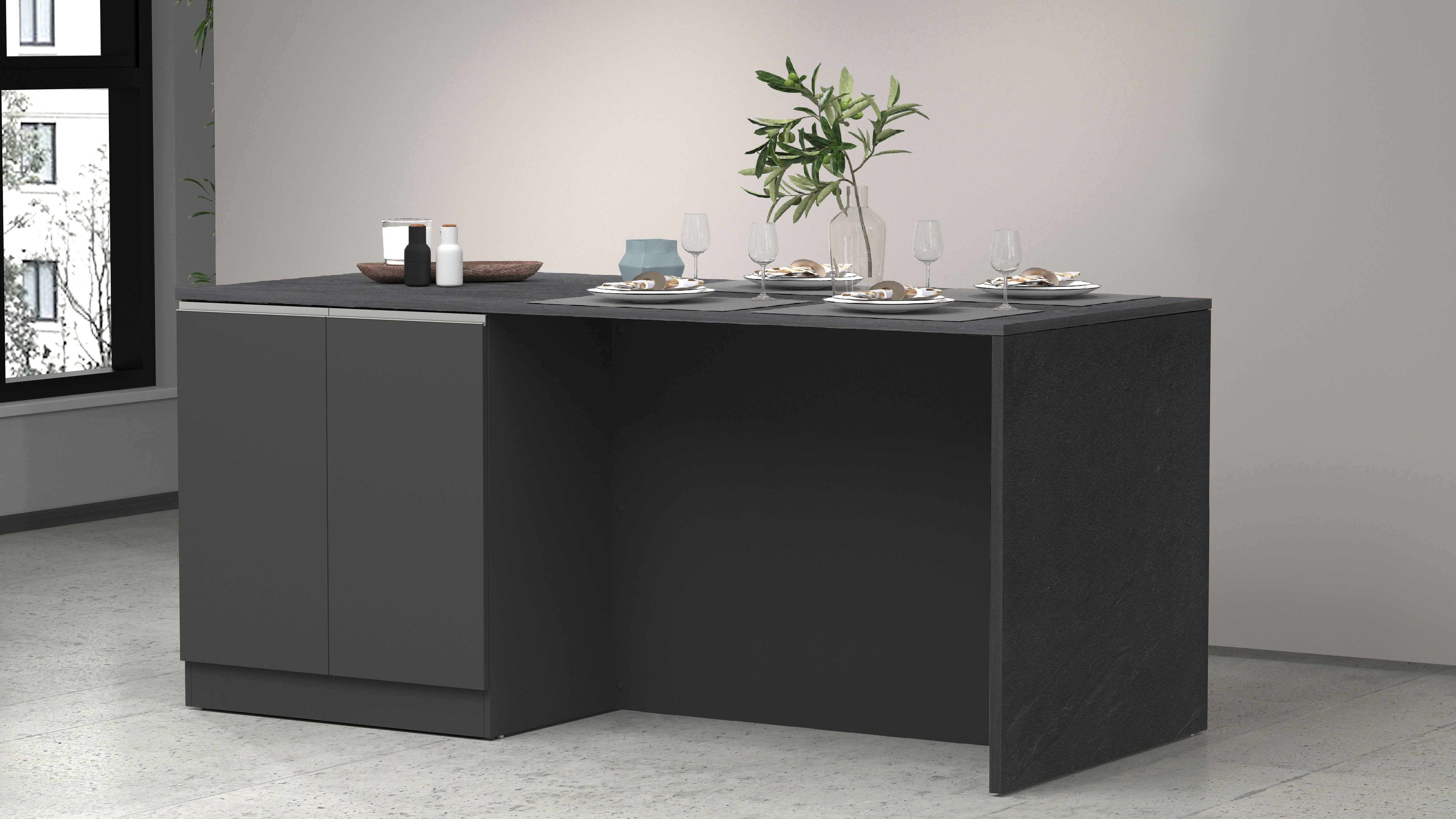 KOCHSTATION Kücheninsel Sole,Kochinsel,Küchenarbeitsblock,Inselküche,Arbeitsinsel, Breite 200 cm mit 4 Türen,4 Fächer, Arbeitsplatte, Aluminiumgriff