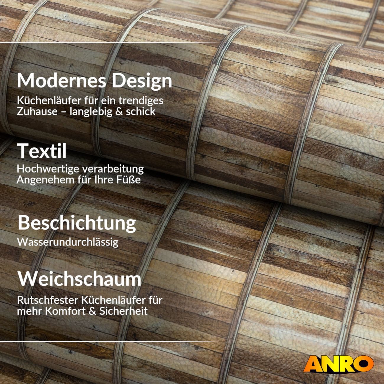 ANRO Küchenläufer abwaschbar Japan LADY Läufer pflegeleicht Küchenteppich, Rechteckig, Höhe: 3 mm, robust schmutzabweisend 67x100cm Rustikal Natur robust