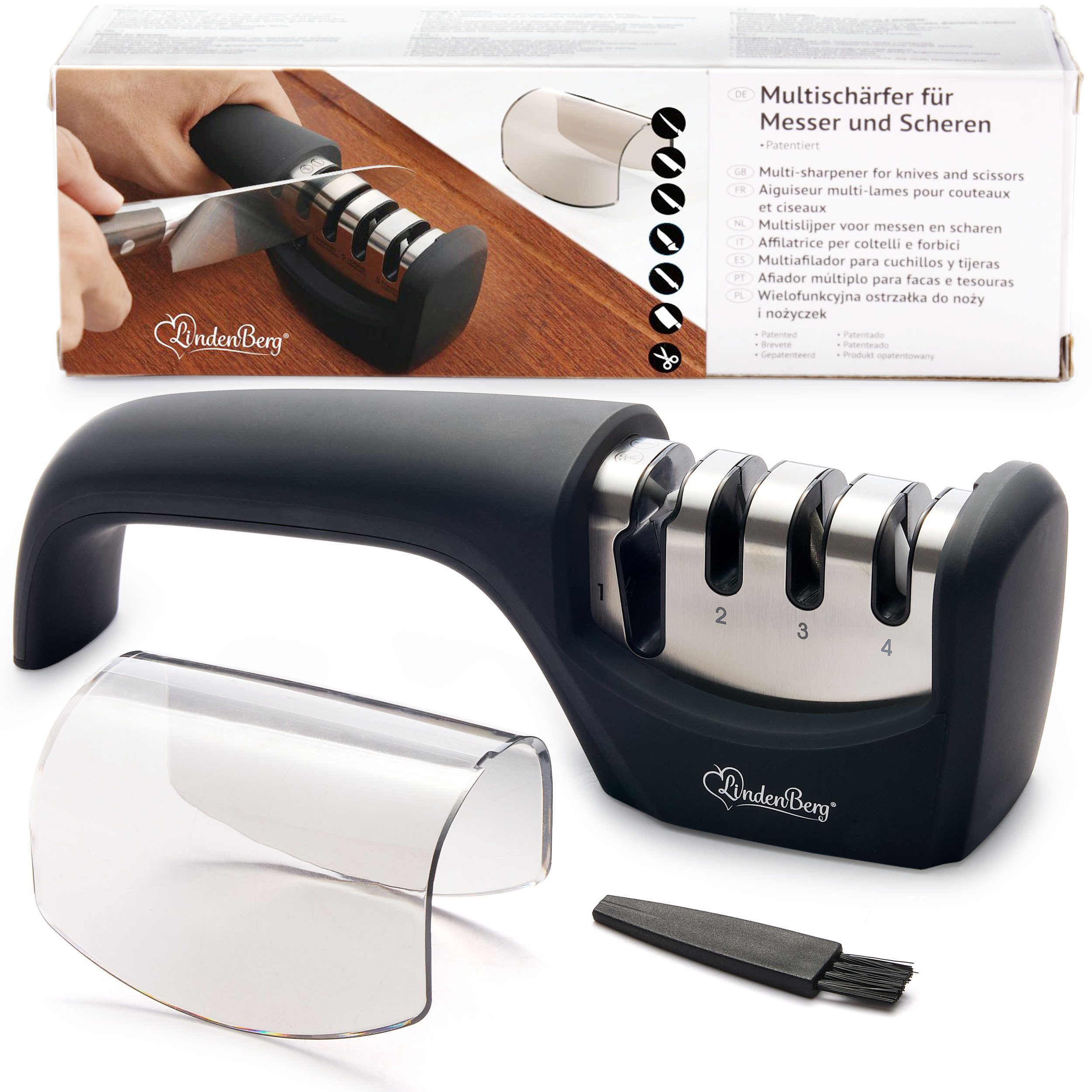 LindenBerg Messerschärfer Messerschärfer mit 4 Schleif-Stufen für Messer und Scheren, Keramikstein, Wolframcarbid-Scheiben - Professionell und Ergonomisch