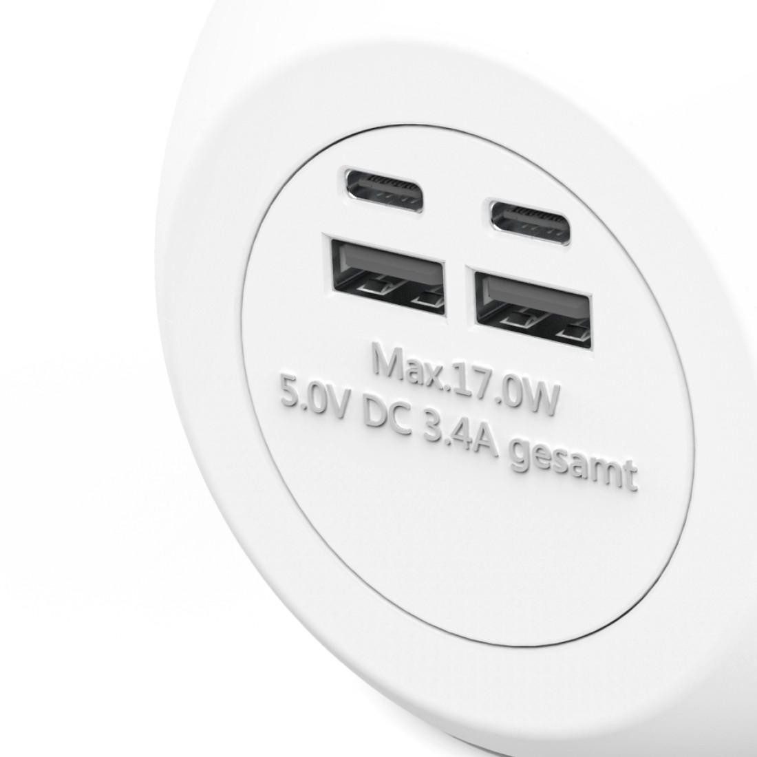 Hama Steckdosenwürfel 7 fach mit Schalter, Schutzkontaktsteckdosen USB weiß Steckdosenleiste 7-fach (Ein- / Ausschalter, USB-Anschlüsse, Schutzkontaktkupplung, Überspannungsschutz, Kabellänge 1,4 m), mit USB C und USB A Steckern, Mehrfachsteckdose, Tisch, 17 W, 1,4 m