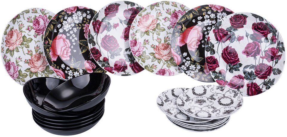 Villa d'Este Tafelservice Suppenteller, 6 Service Baroque Geschirr-Set, (18-tlg), Porzellan, Personen, 18 Rose Dessertteller, für Personen Speiseteller, 6 Teile