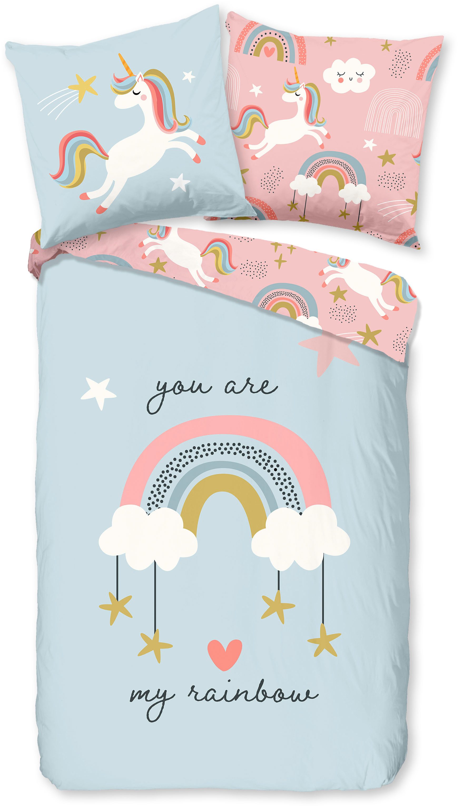 good morning Kinderbettwäsche Suus, Renforcé, 2 teilig, Baumwolle, Renforcé, Baby, Kind, Mädchen, Einhorn, Regenbogen, Rosa
