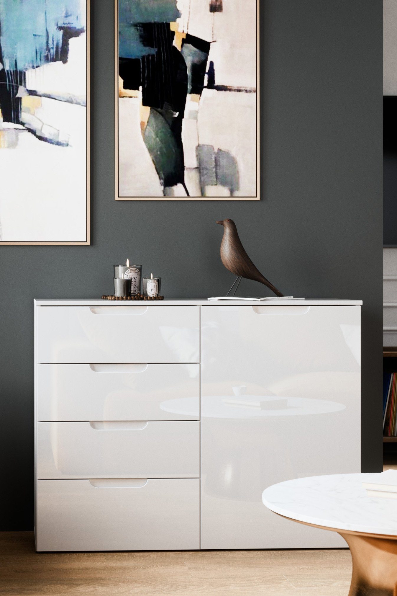 Newroom Kommode Weiß 110 cm, Weiß Hochlglanz Sideboard Vintage Industrial Highboard Anrichte