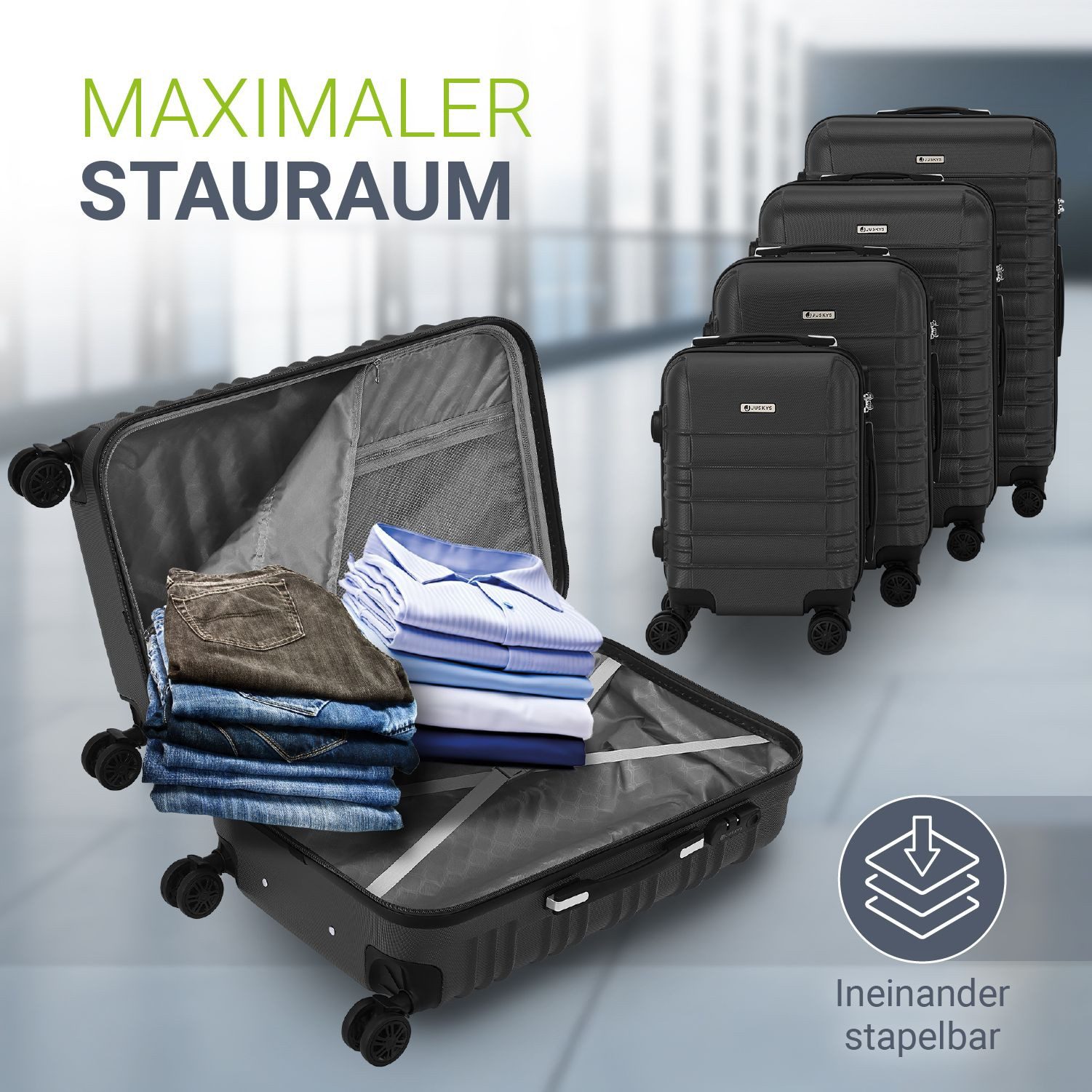 Juskys Trolleyset Rom, 4 Rollen, (4 tlg., 4-teilig), 4 Koffer, 360° Rollen, robuste Hartschale, mit Zahlenschloss