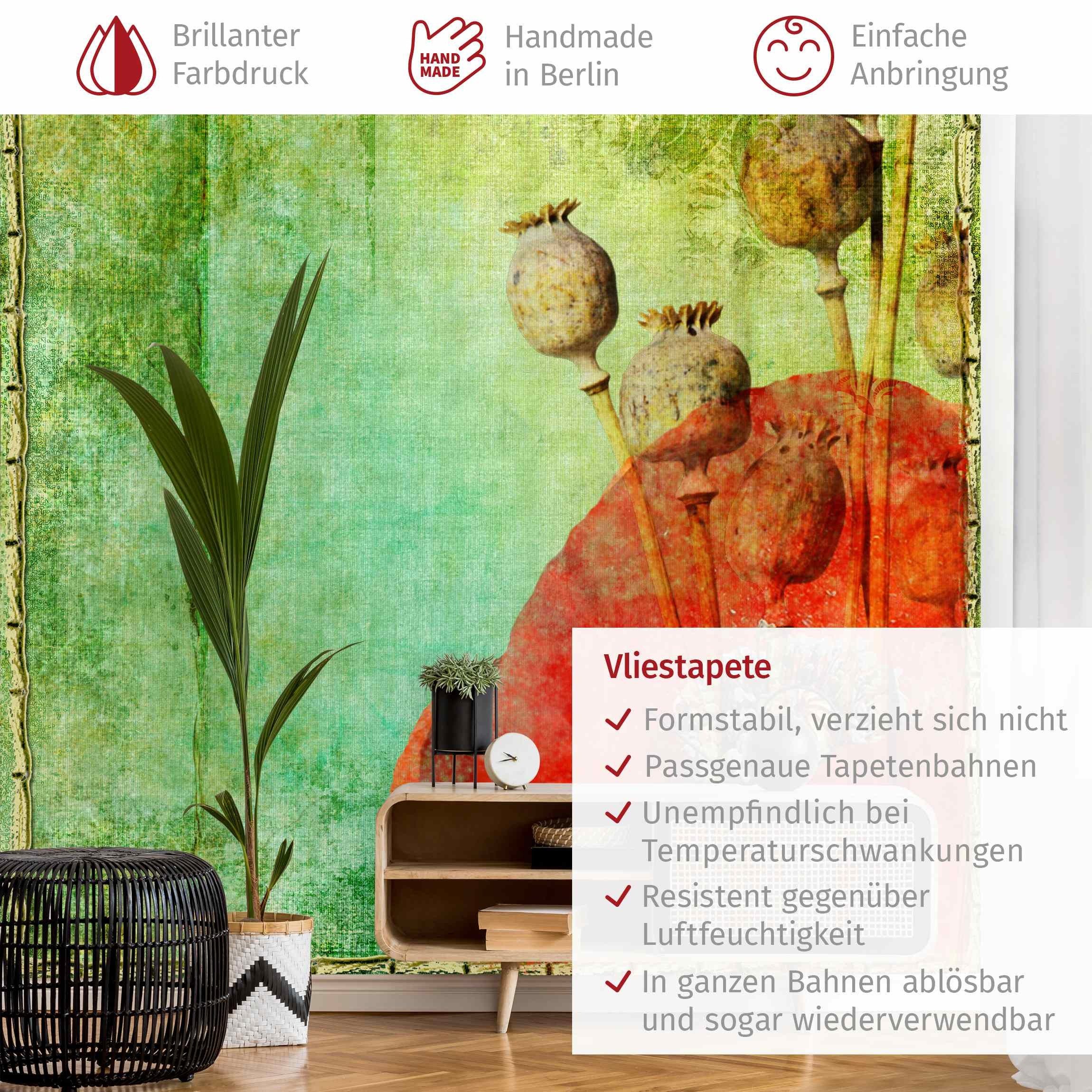 Bilderdepot24 Fototapete Mohnblumen Vintage gerahmt Floral Blumen Natur Wanddeko Rustikal, Glatt, Matt, (Vliestapete inkl. Kleister oder selbstklebend), Wohnzimmer Schlafzimmer Küche Flur Motivtapete Vliestapete Wandtapete