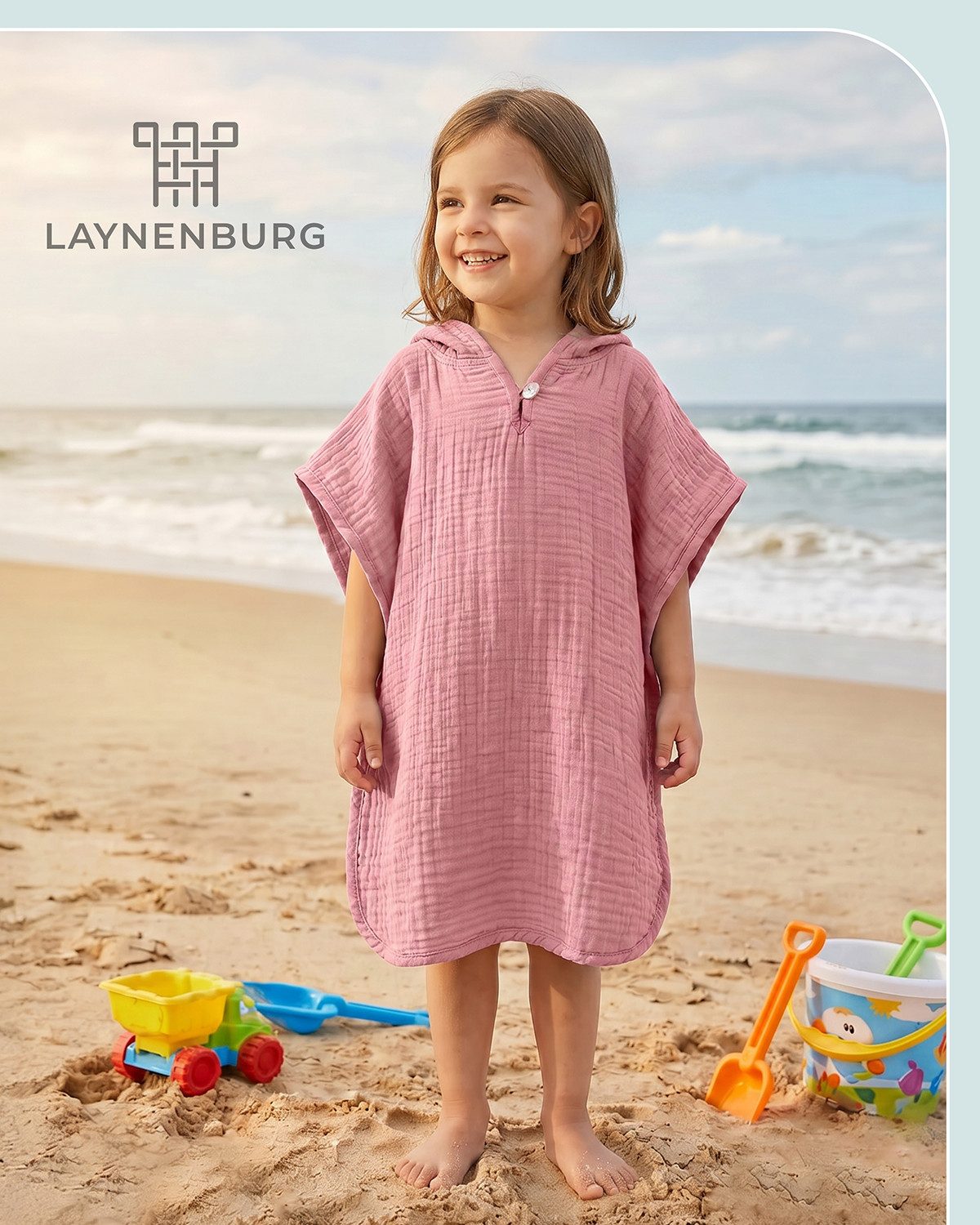 Laynenburg Badeponcho Musselin für Kinder mit Kapuze - Poncho aus 100% Baumwolle, als strandponcho, surf Handtuch poncho für Baby, Mädchen & Jungen