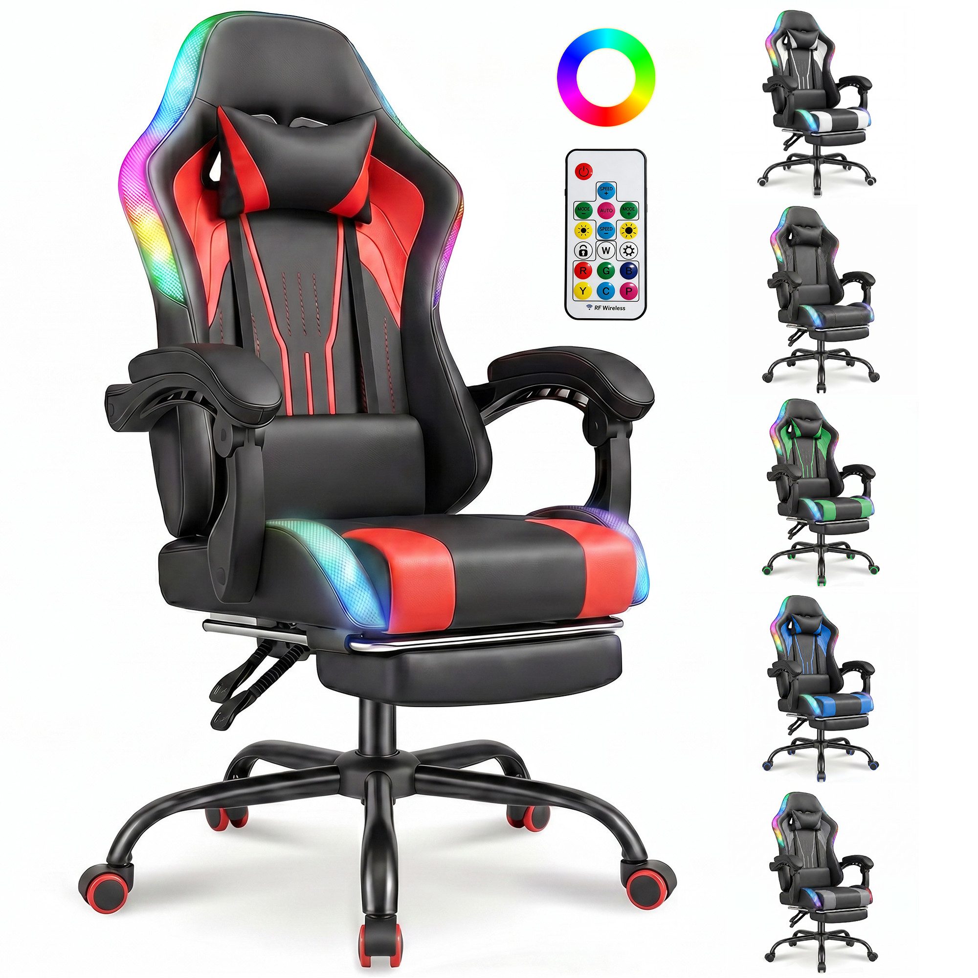 HOMALL Gaming-Stuhl mit LED,Ergonomisch,Fußstütze,computerstuhl,gaming stuhl mit massage, Ergonomischer Bürostuhl,Kopfstütze und Lendenstütze
