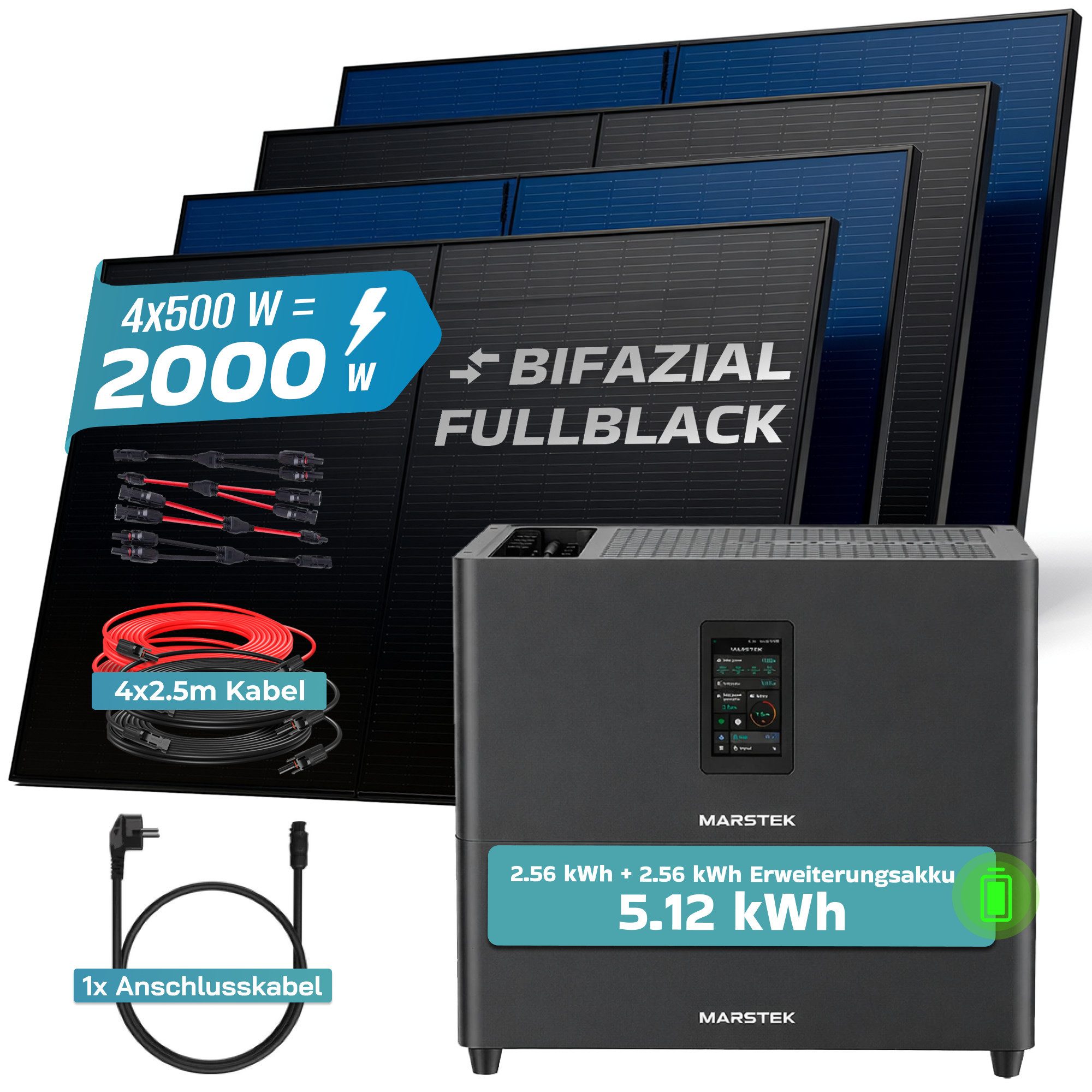SUNNIVA Balkonkraftwerk 2000W mit 5,12 kWh Speicher MARSTEK Jupiter C + Plus, (BIFAZIAL FULLBLACK komplett Steckdose, PV Solaranlage Komplettset mit Solarspeich – Bild 2 von 5